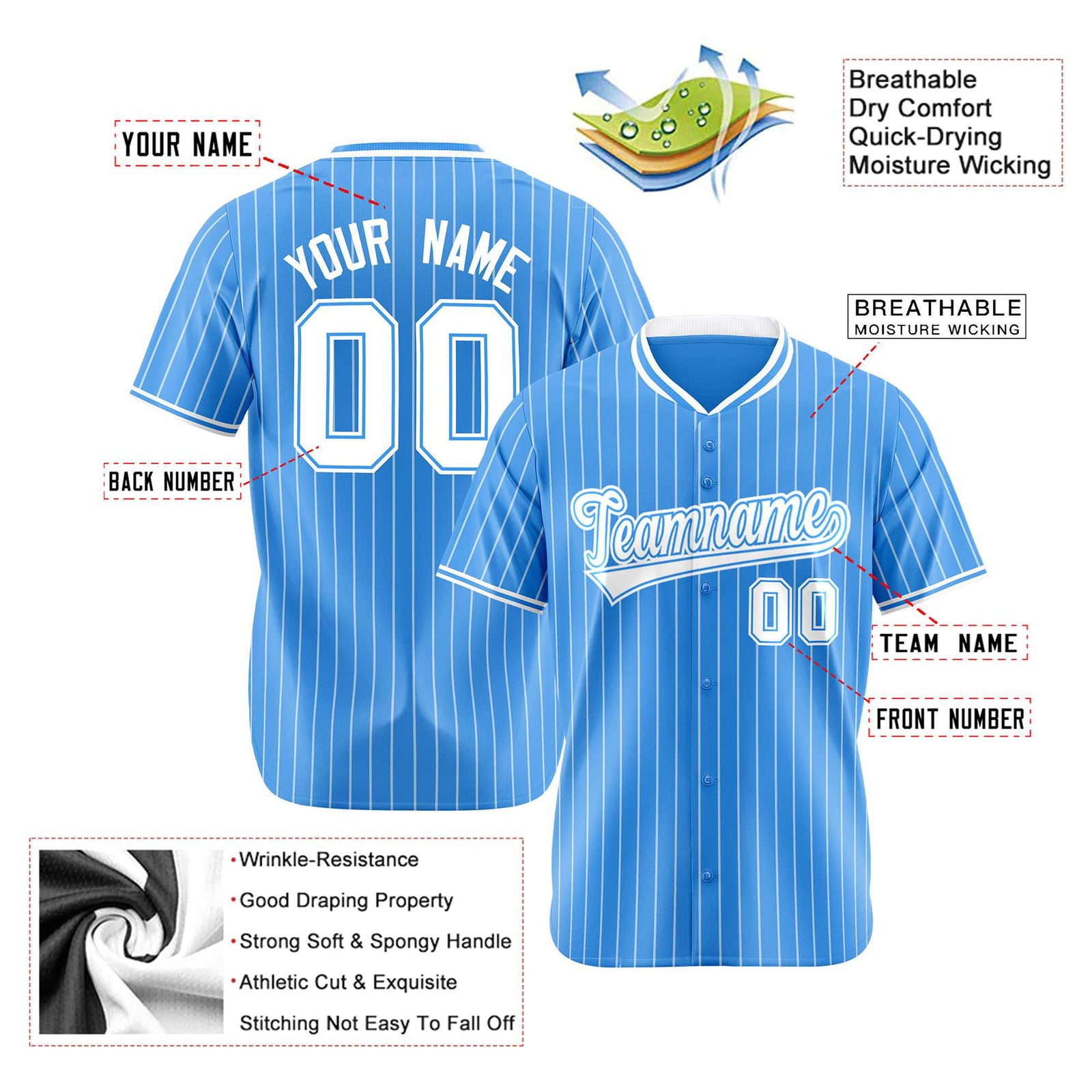 Custom Sky Blue White Pinstripe White Sky-Blue Authentic Baseball Jersey