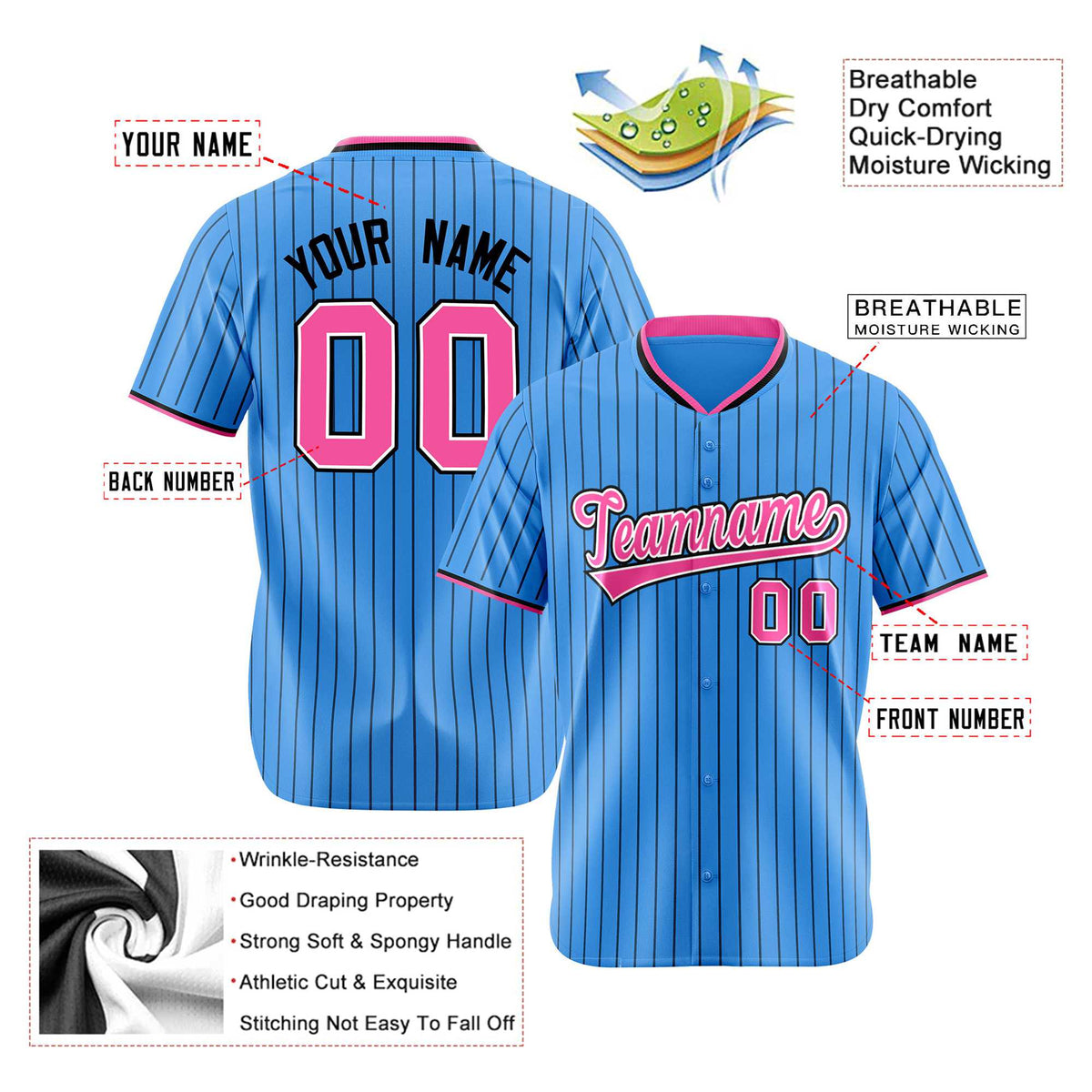 Custom Sky Blue Black Pinstripe Pink-White Authentic Baseball Jersey