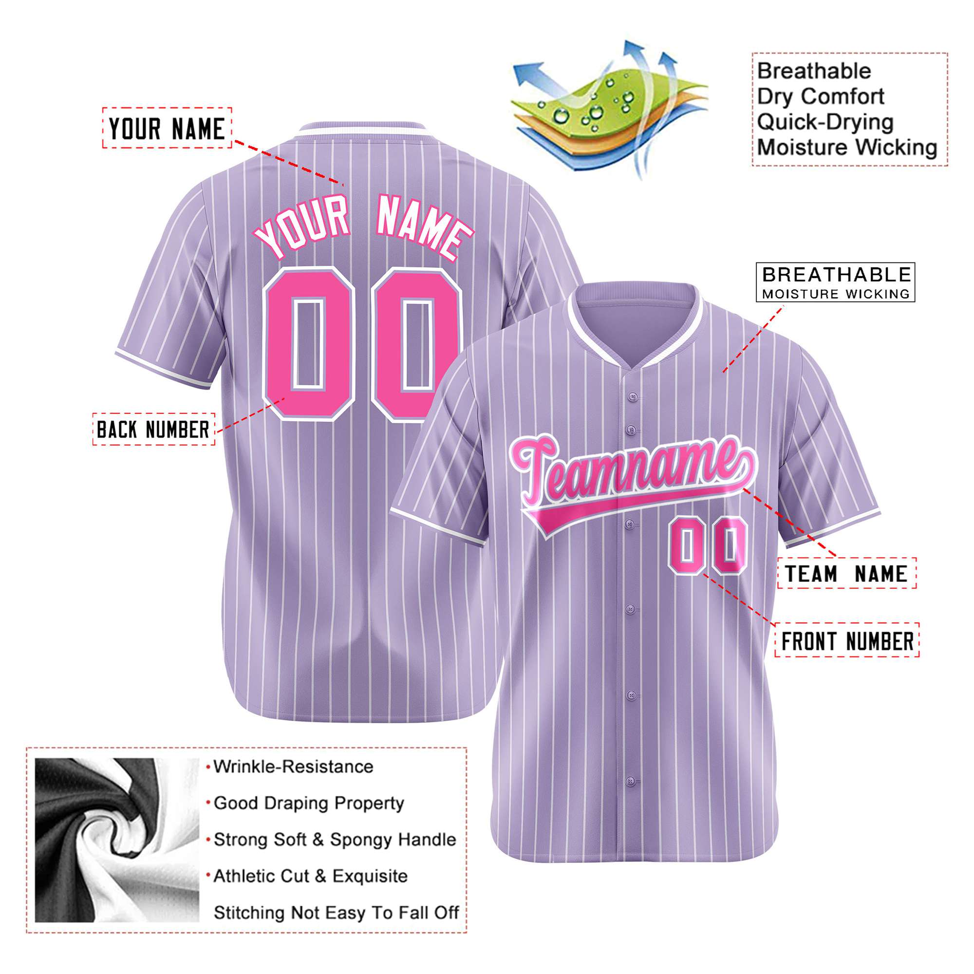 Custom Light Purple White Pinstripe Pink-White Authentic Baseball Jersey