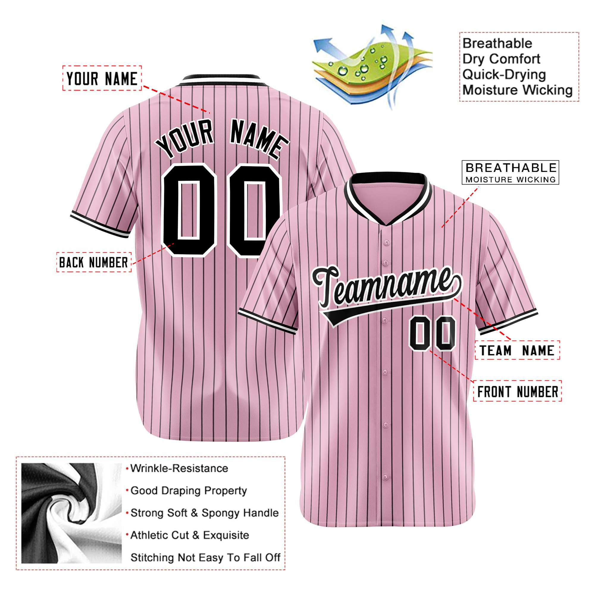 Custom Pink Black Pinstripe Black-White Authentic Baseball Jersey