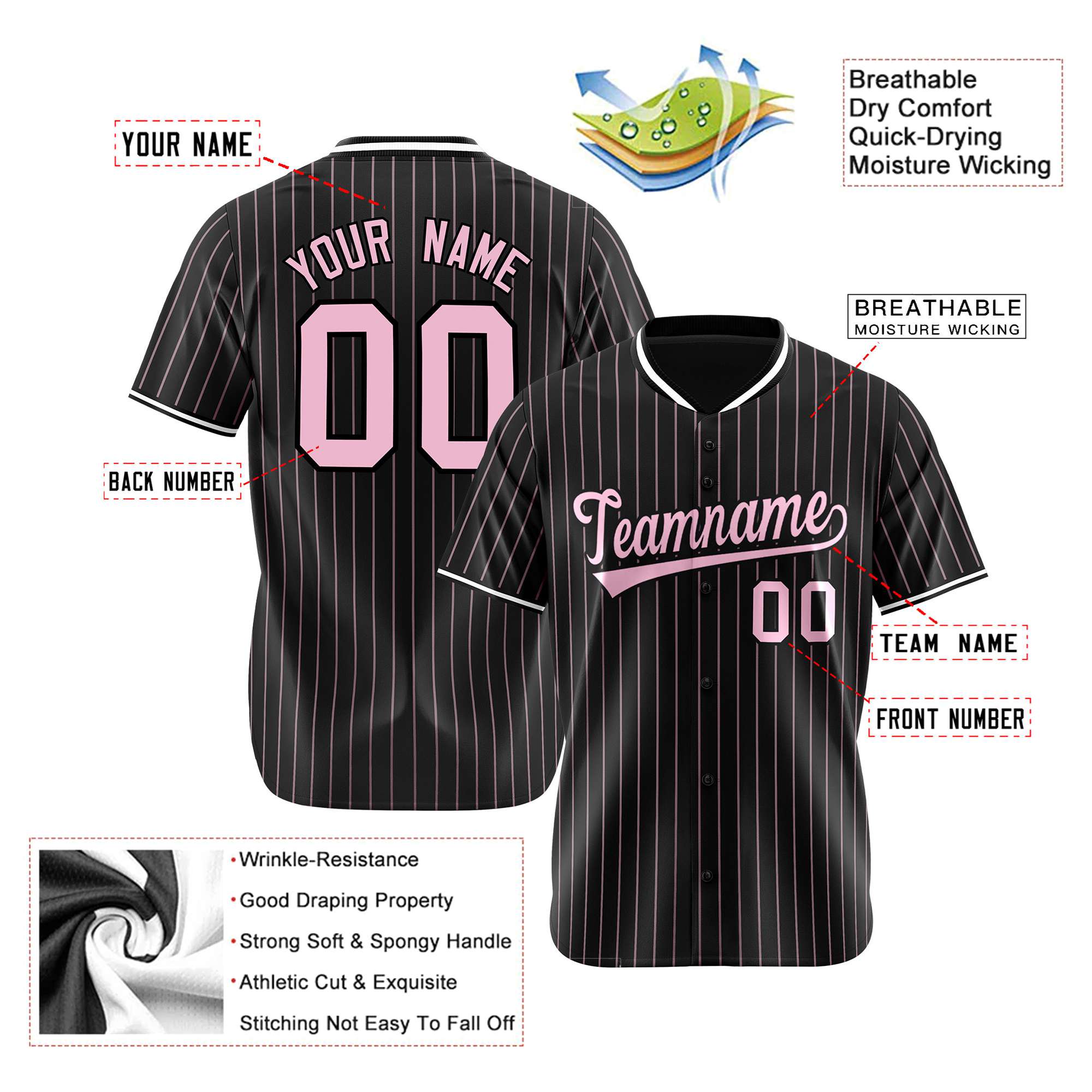 Custom Black Pink Pinstripe Pink-White Authentic Baseball Jersey