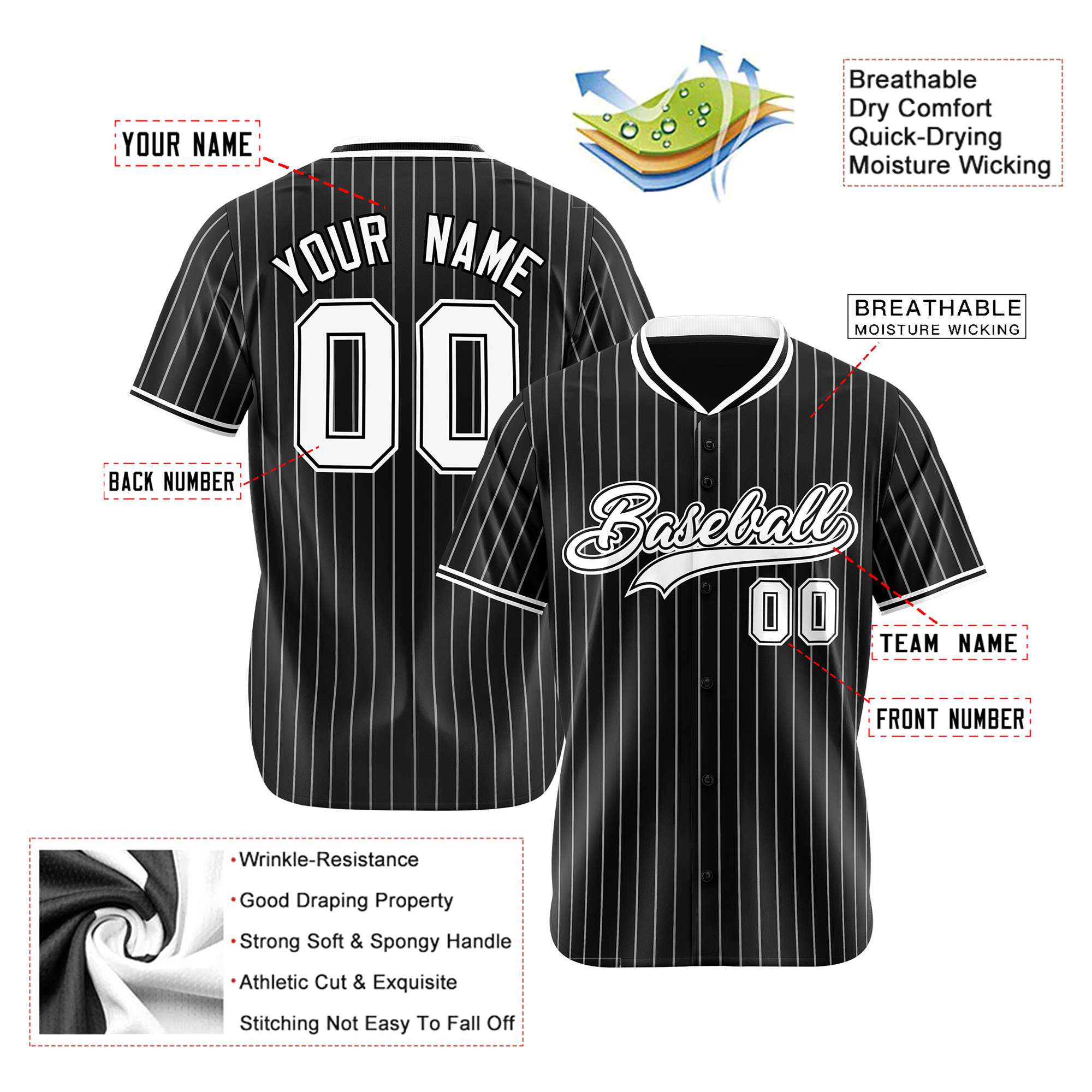 Custom Black White Pinstripe Black-White Authentic Baseball Jersey