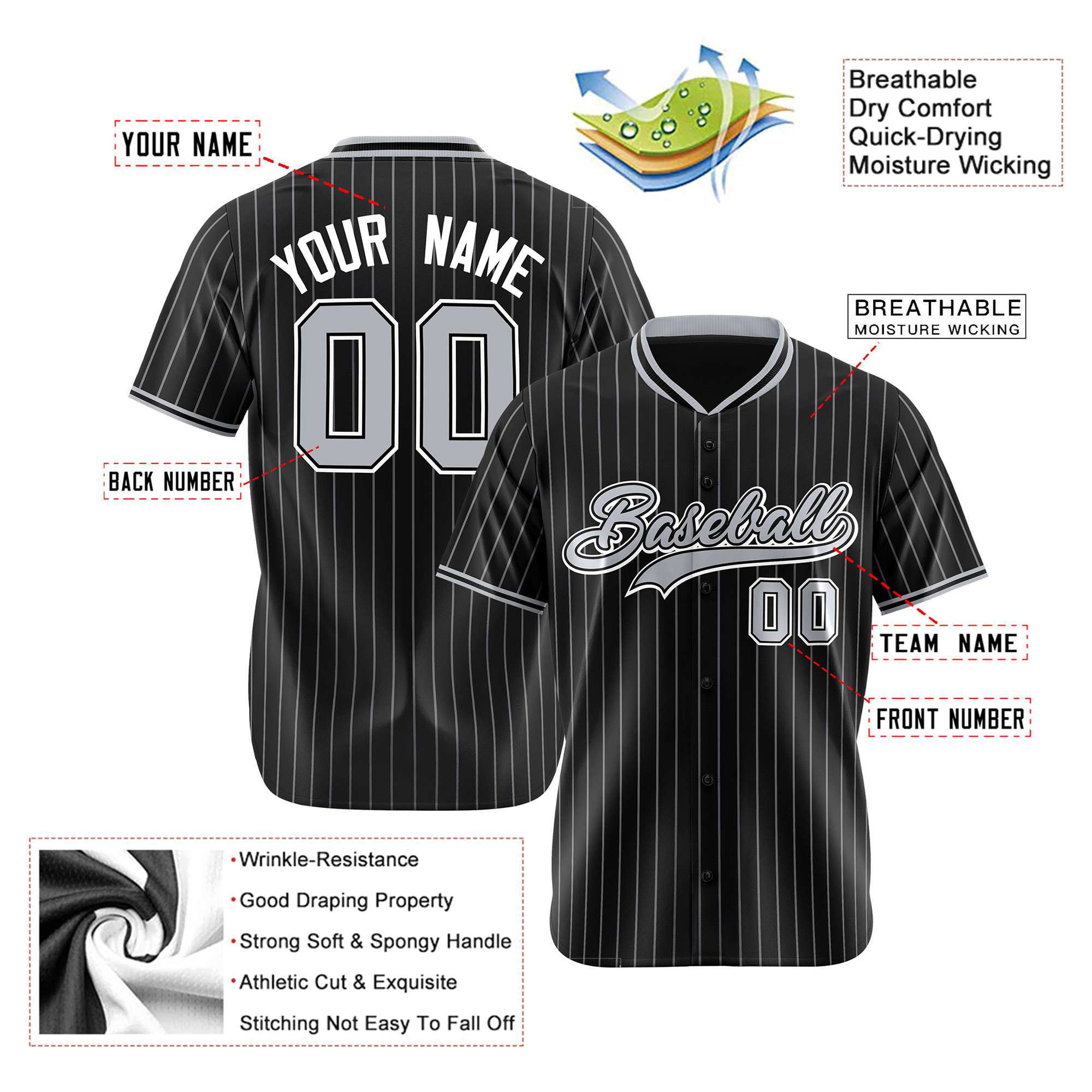 Custom Black White Pinstripe Gray-White Authentic Baseball Jersey