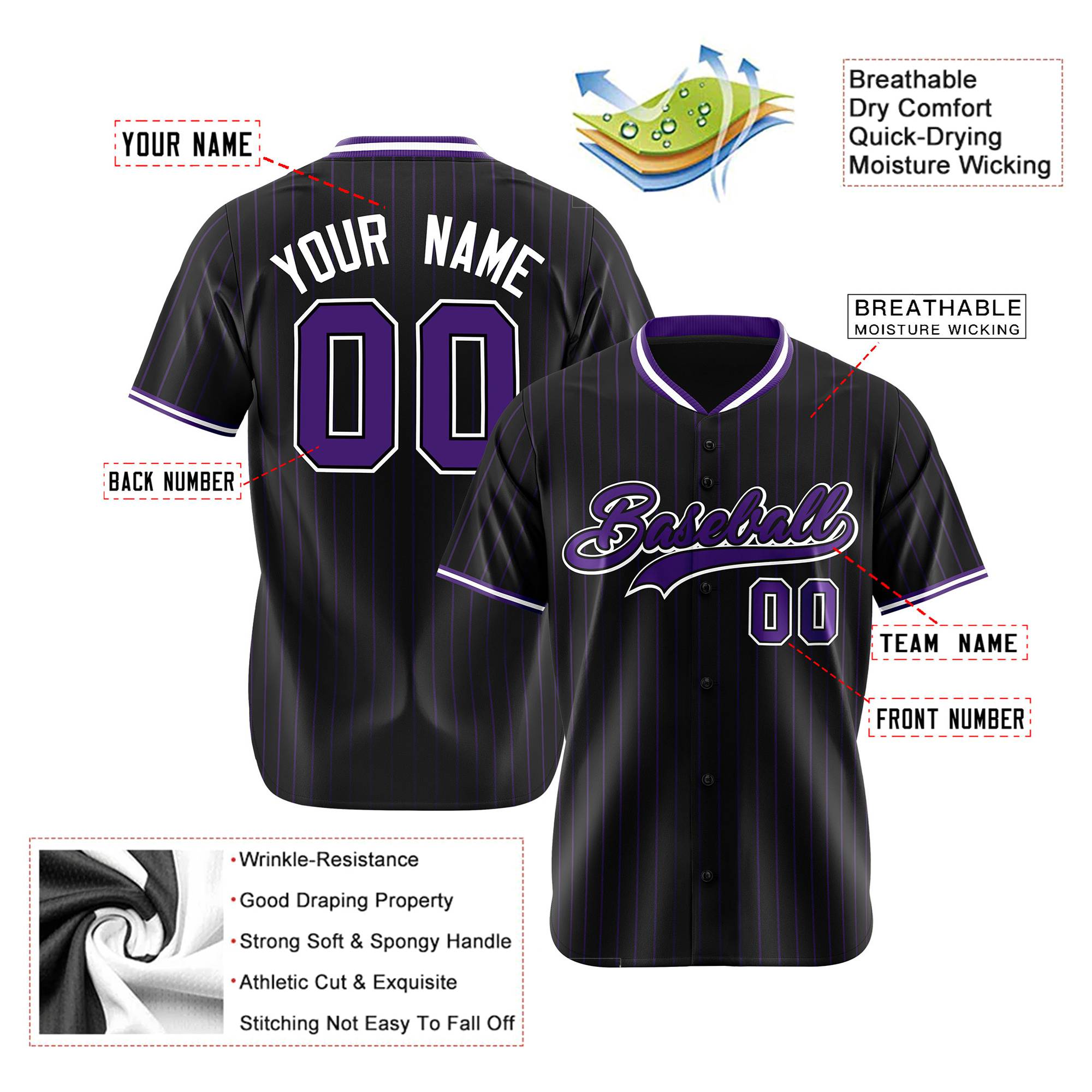 Custom Black Purple Pinstripe Purple-White Authentic Baseball Jersey