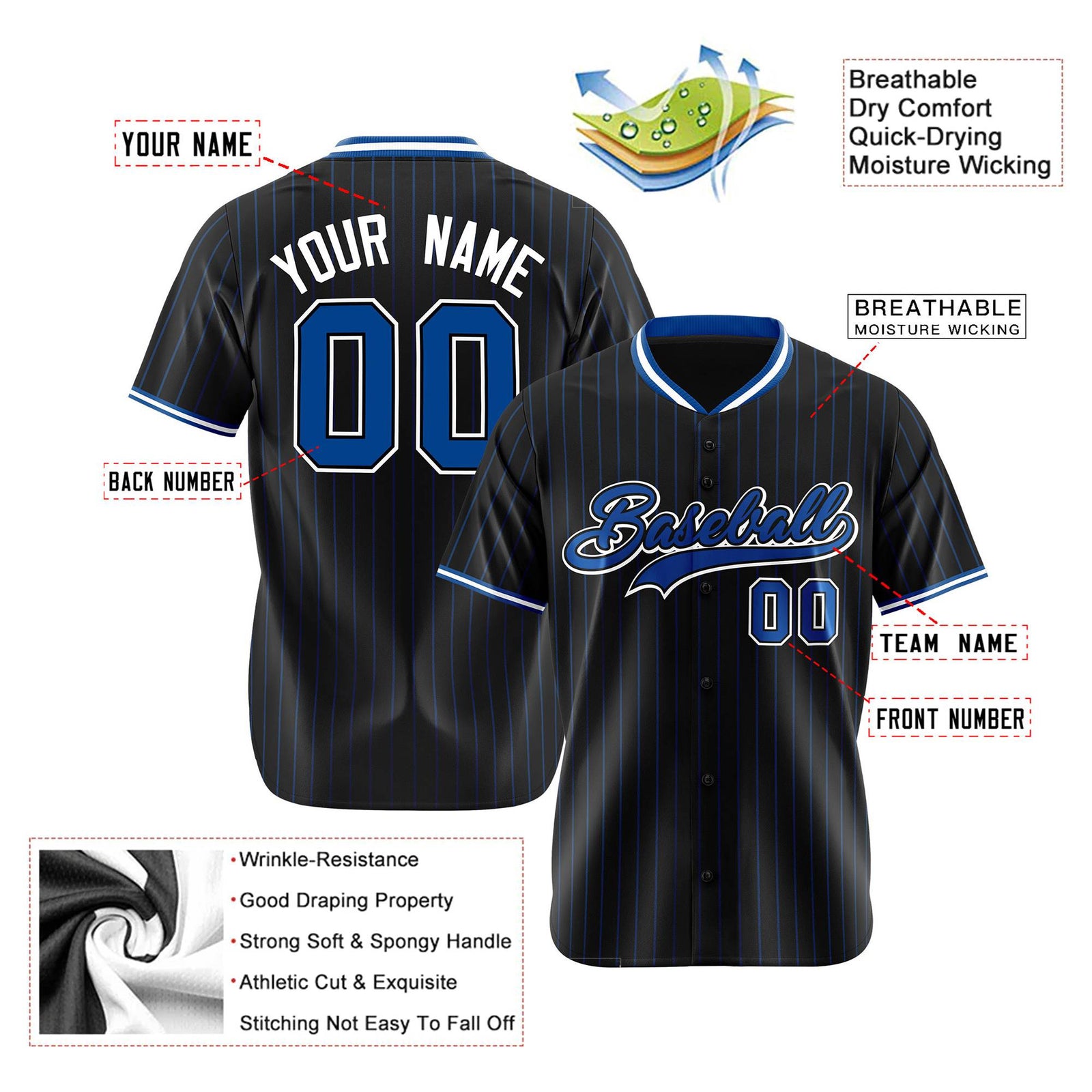 Custom Black Electric-Blue Pinstripe Electric-Blue White Authentic Baseball Jersey