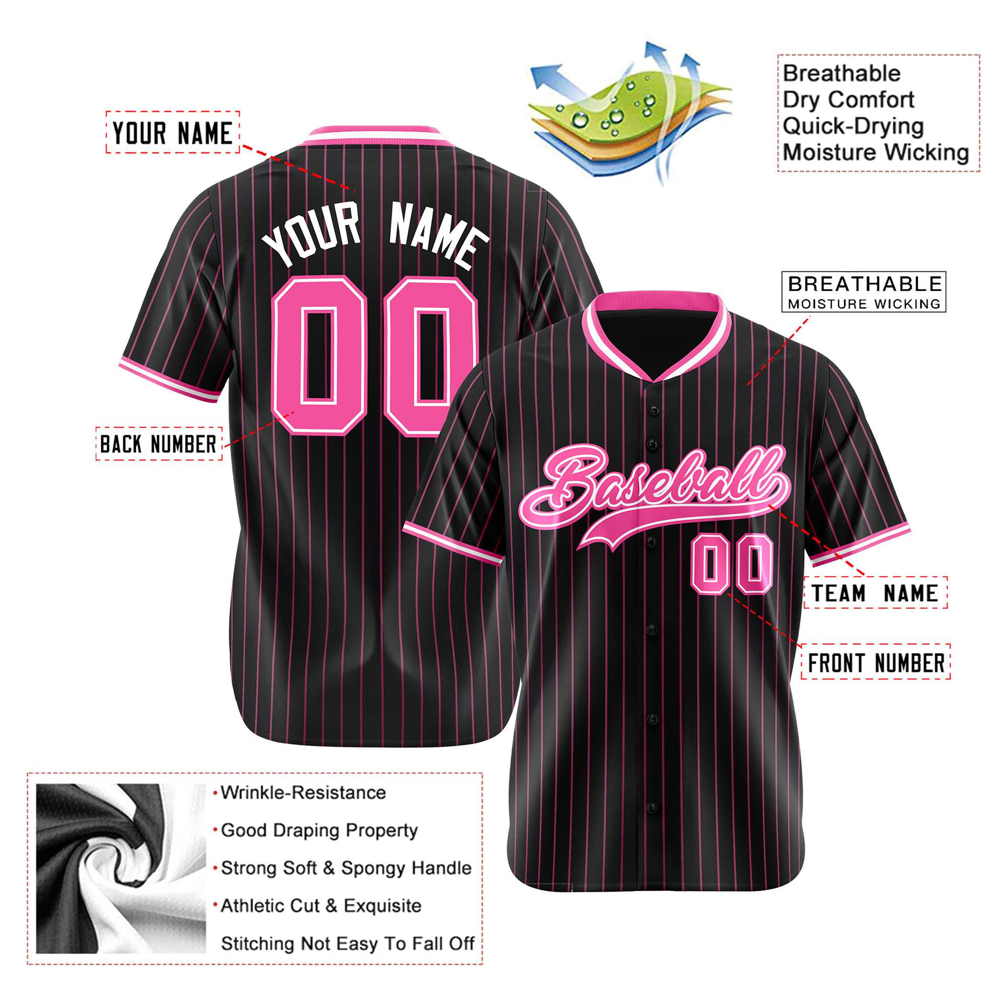 Custom Black Pink Pinstripe Pink-White Authentic Baseball Jersey