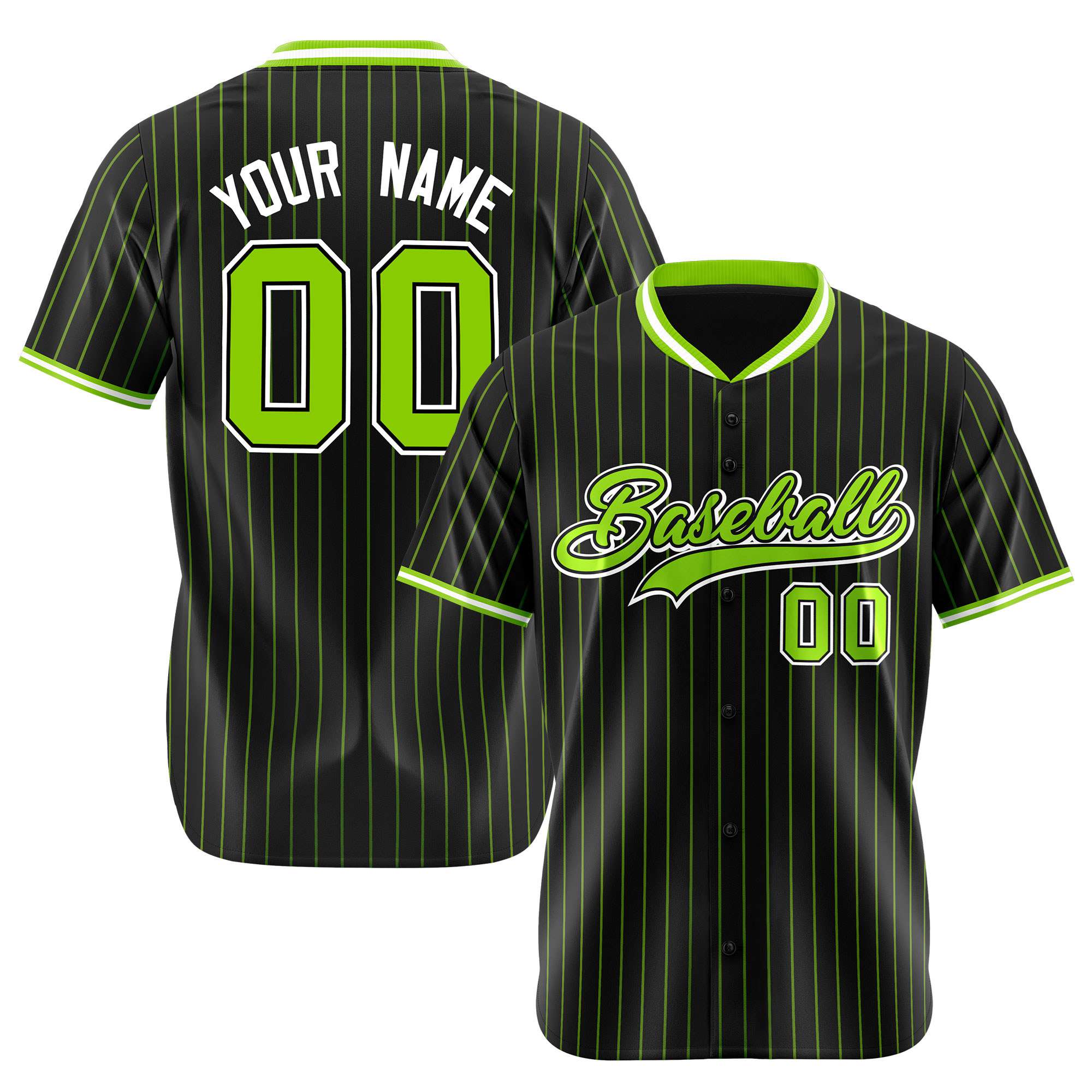 Custom Black Neon-Green Pinstripe Neon-Green White Authentic Baseball Jersey