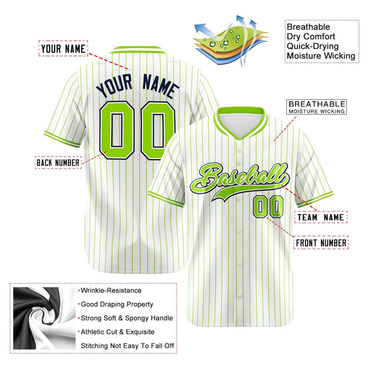 Custom White Neon-Green Pinstripe White Neon-Green Black Authentic Baseball Jersey