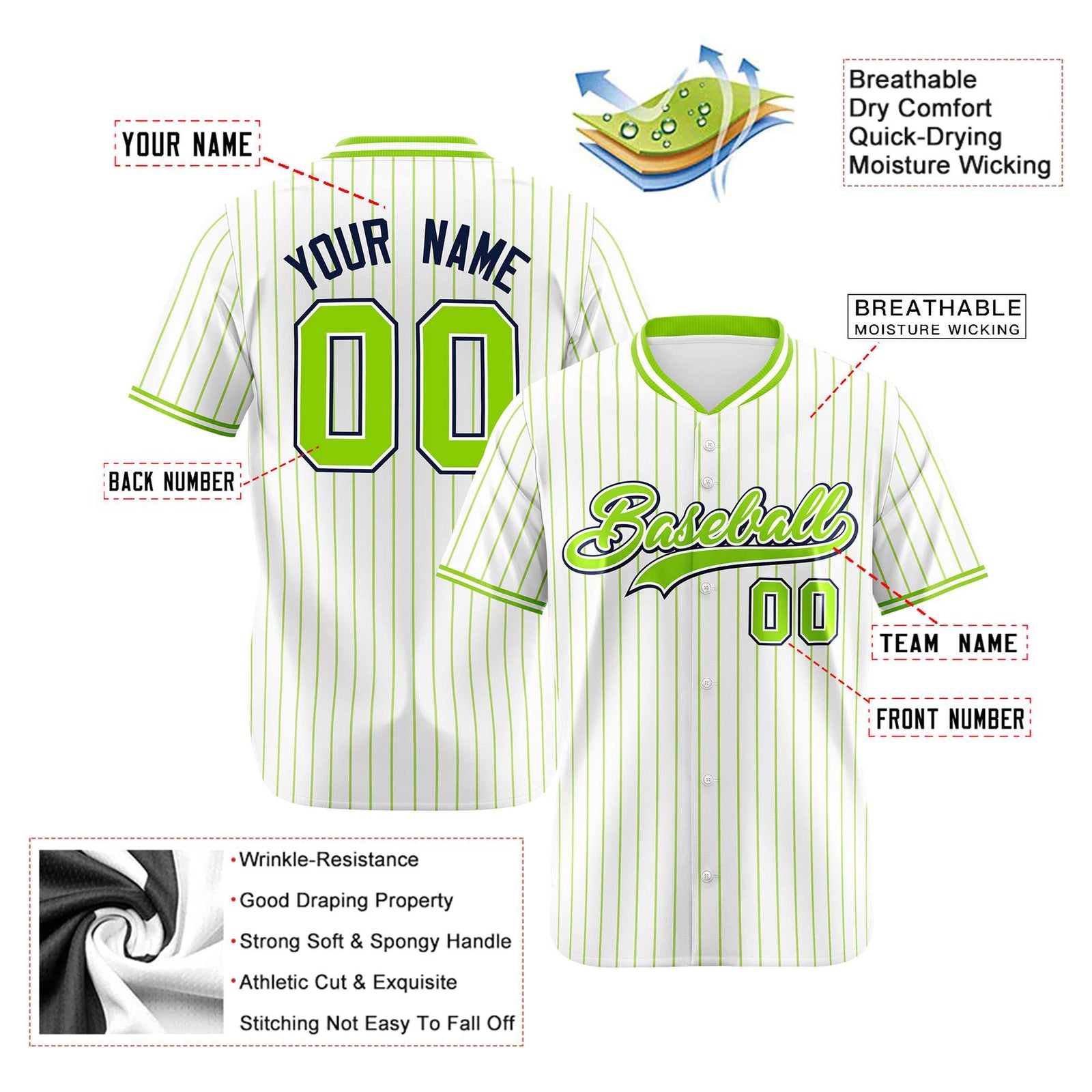 Custom White Neon-Green Pinstripe White Neon-Green Black Authentic Baseball Jersey
