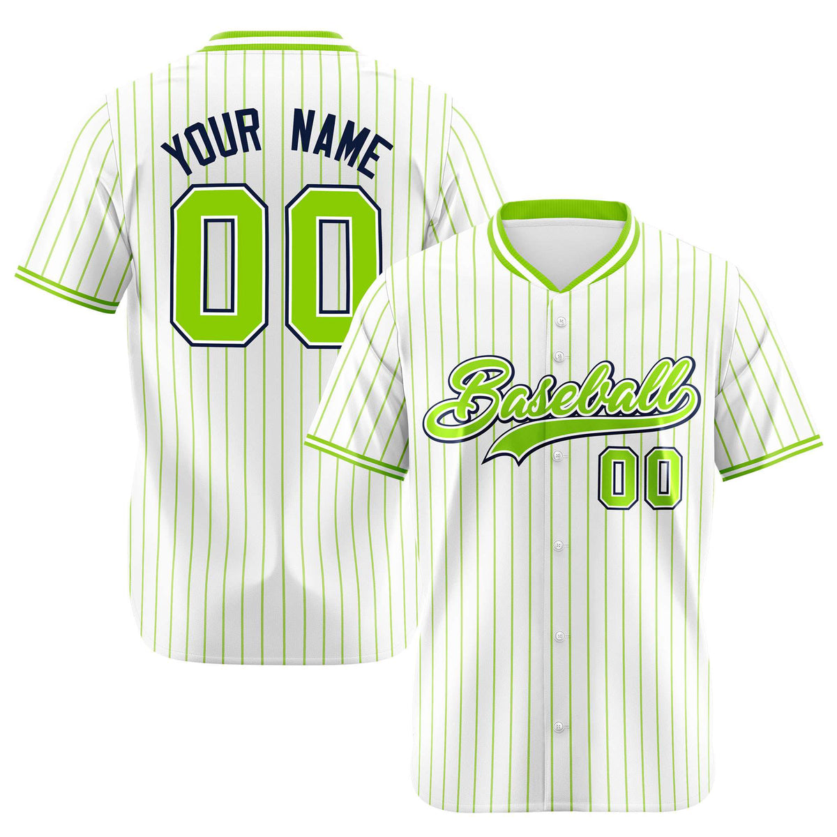 Custom White Neon-Green Pinstripe White Neon-Green Black Authentic Baseball Jersey