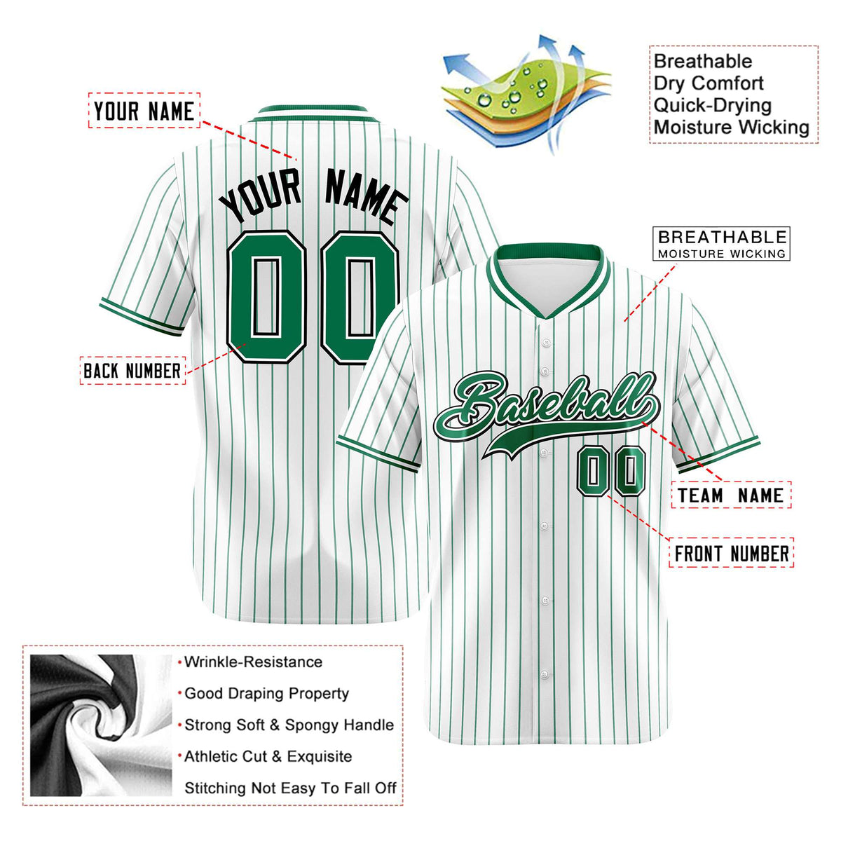 Custom White Kelly-Green Pinstripe White Kelly-Green Black Authentic Baseball Jersey