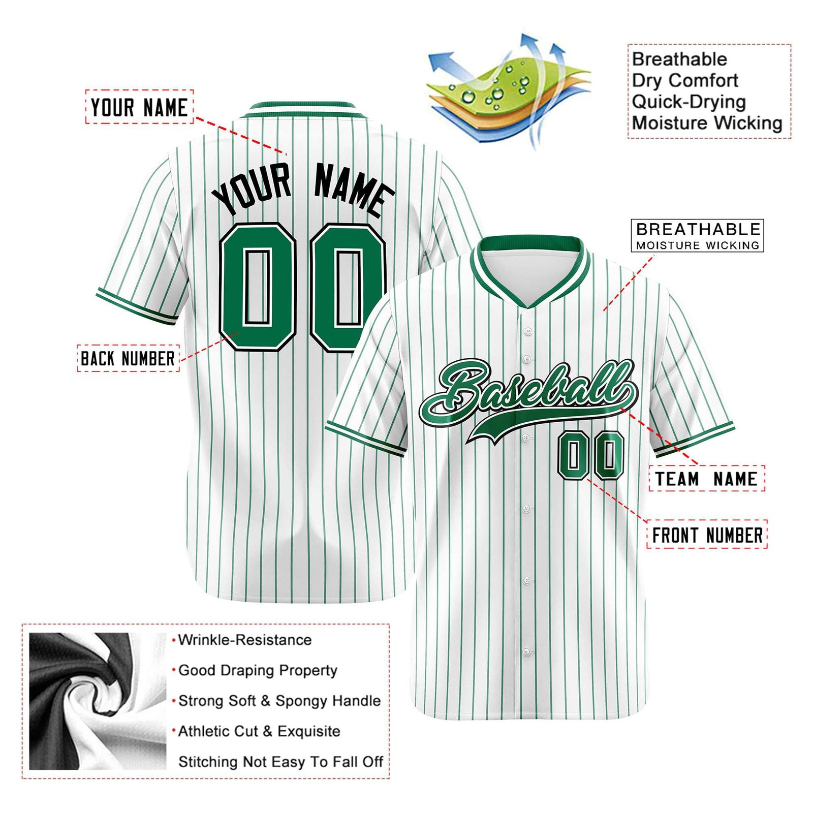 Custom White Kelly-Green Pinstripe White Kelly-Green Black Authentic Baseball Jersey