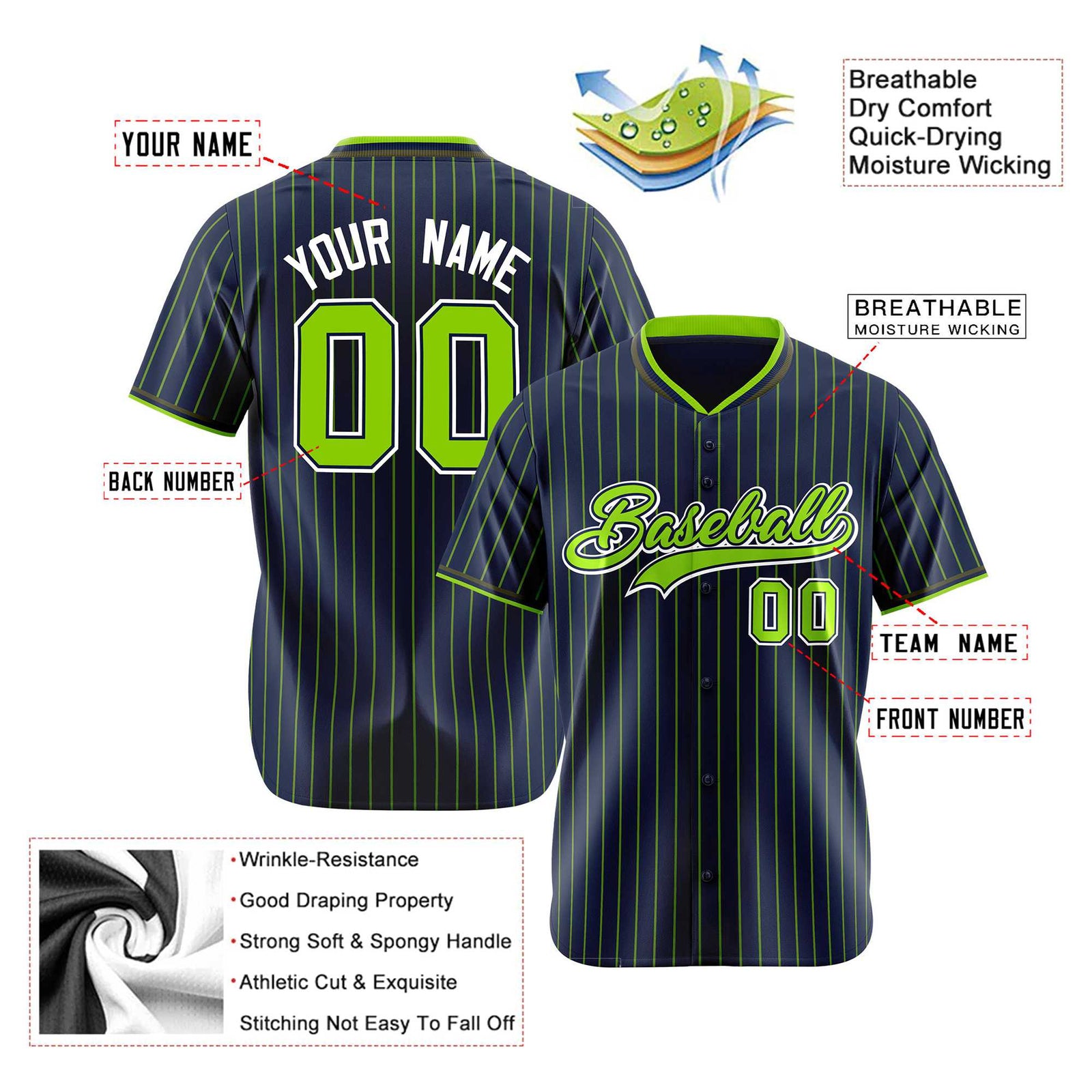 Custom Navy Neon-Green Pinstripe Neon-Green White Authentic Baseball Jersey
