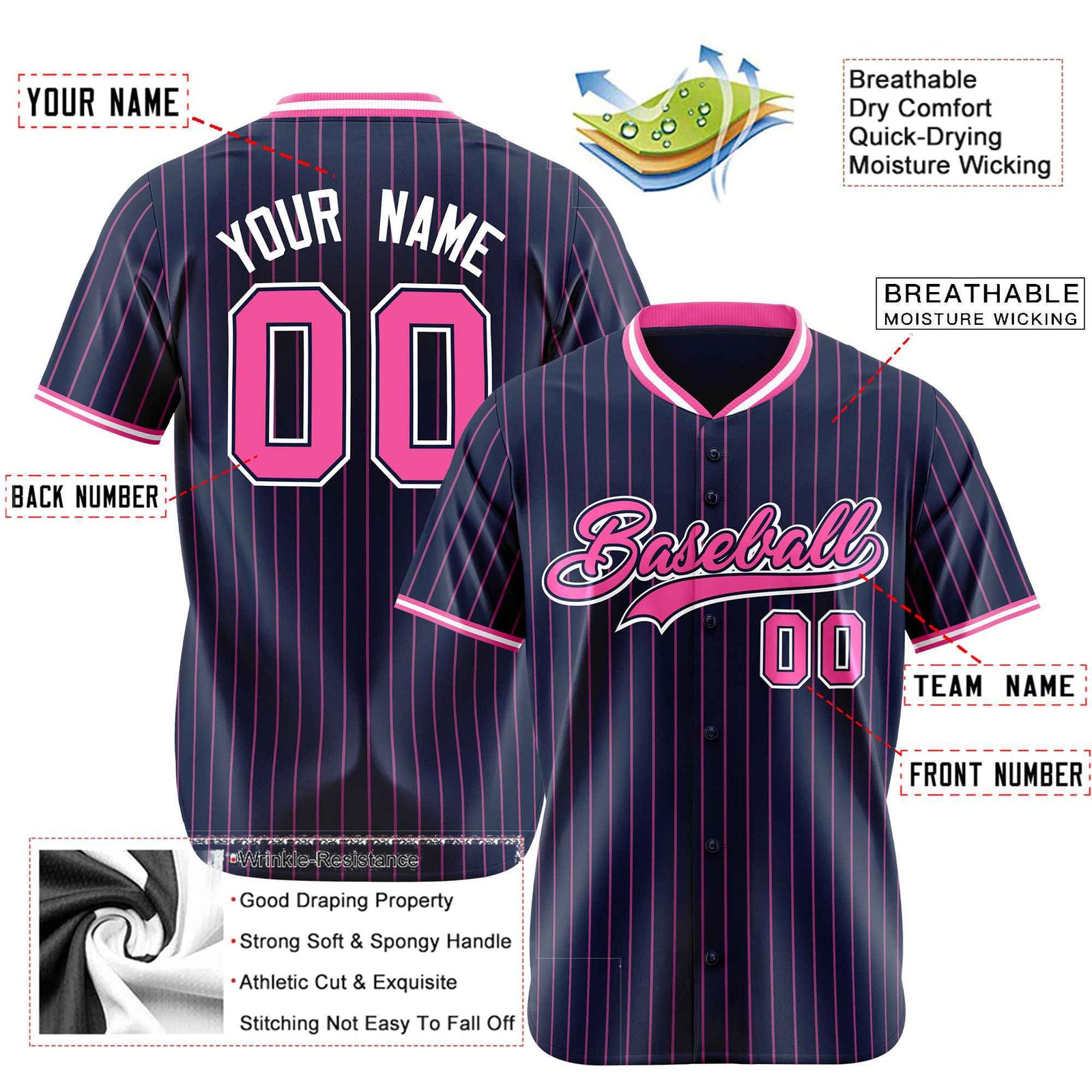 Custom Navy Pink Pinstripe Pink-White Authentic Baseball Jersey