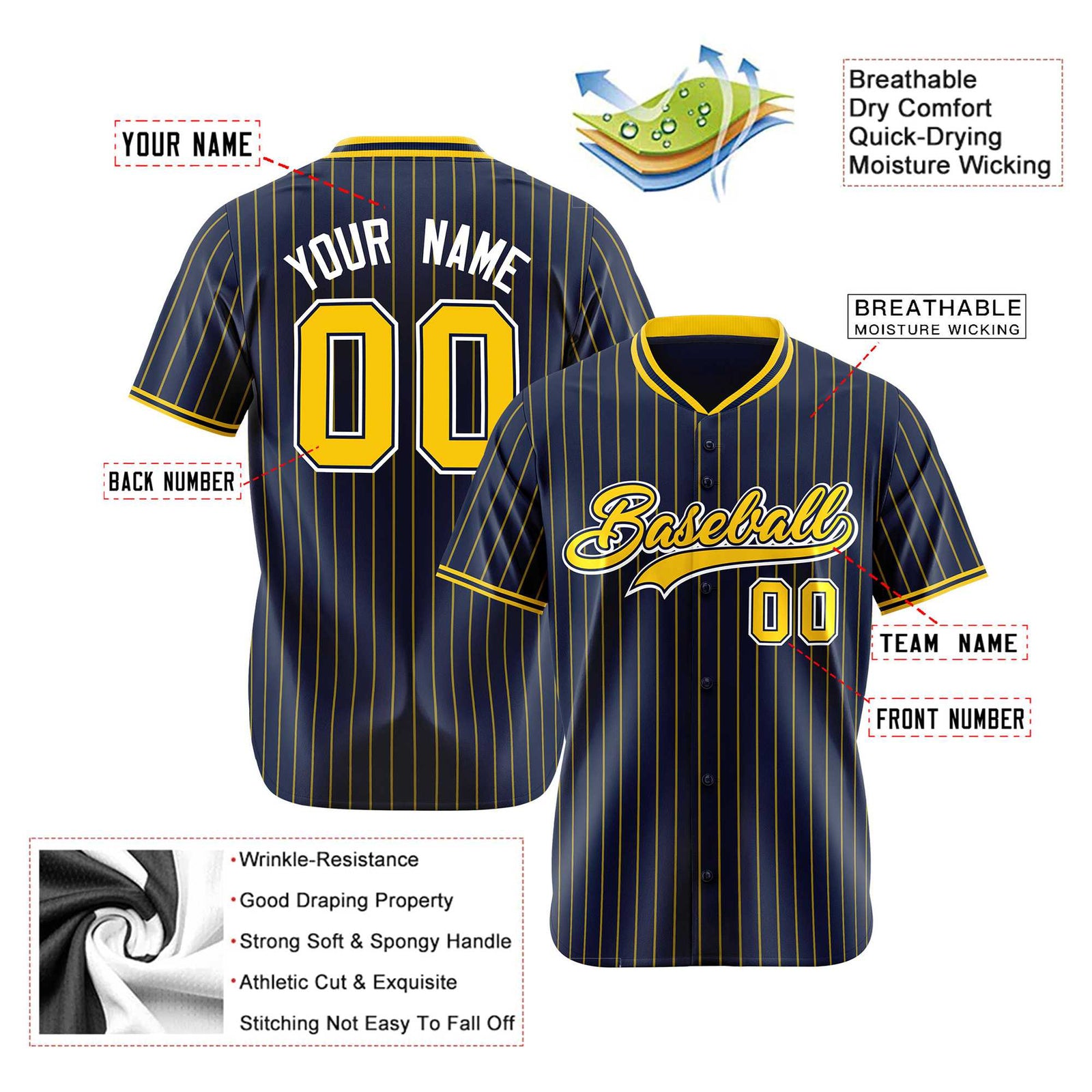 Custom Navy Yellow Pinstripe Yellow-White Authentic Baseball Jersey