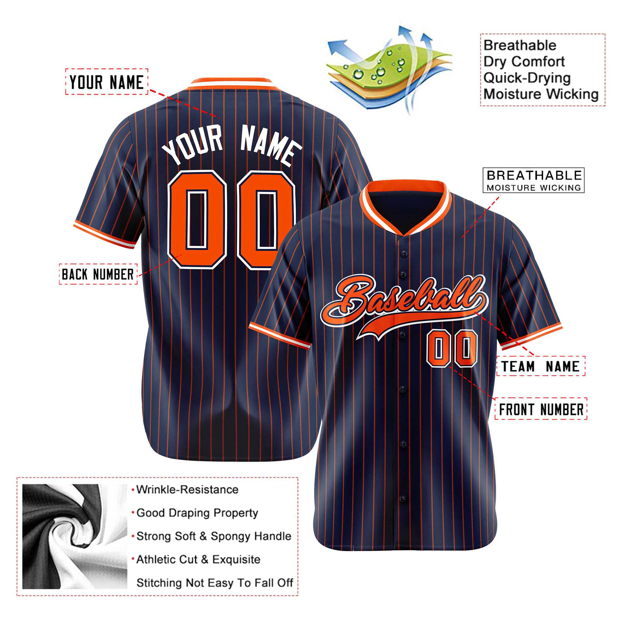 Custom Navy Orange Pinstripe Orange-White Authentic Baseball Jersey