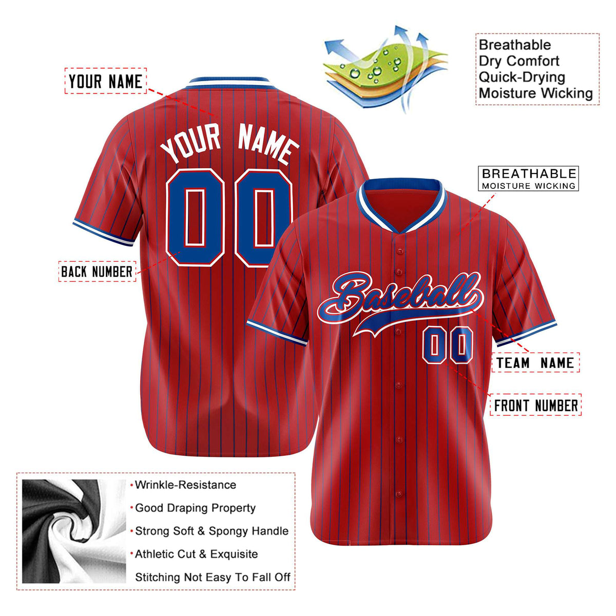 Custom Red Blue Pinstripe Blue-White Authentic Baseball Jersey