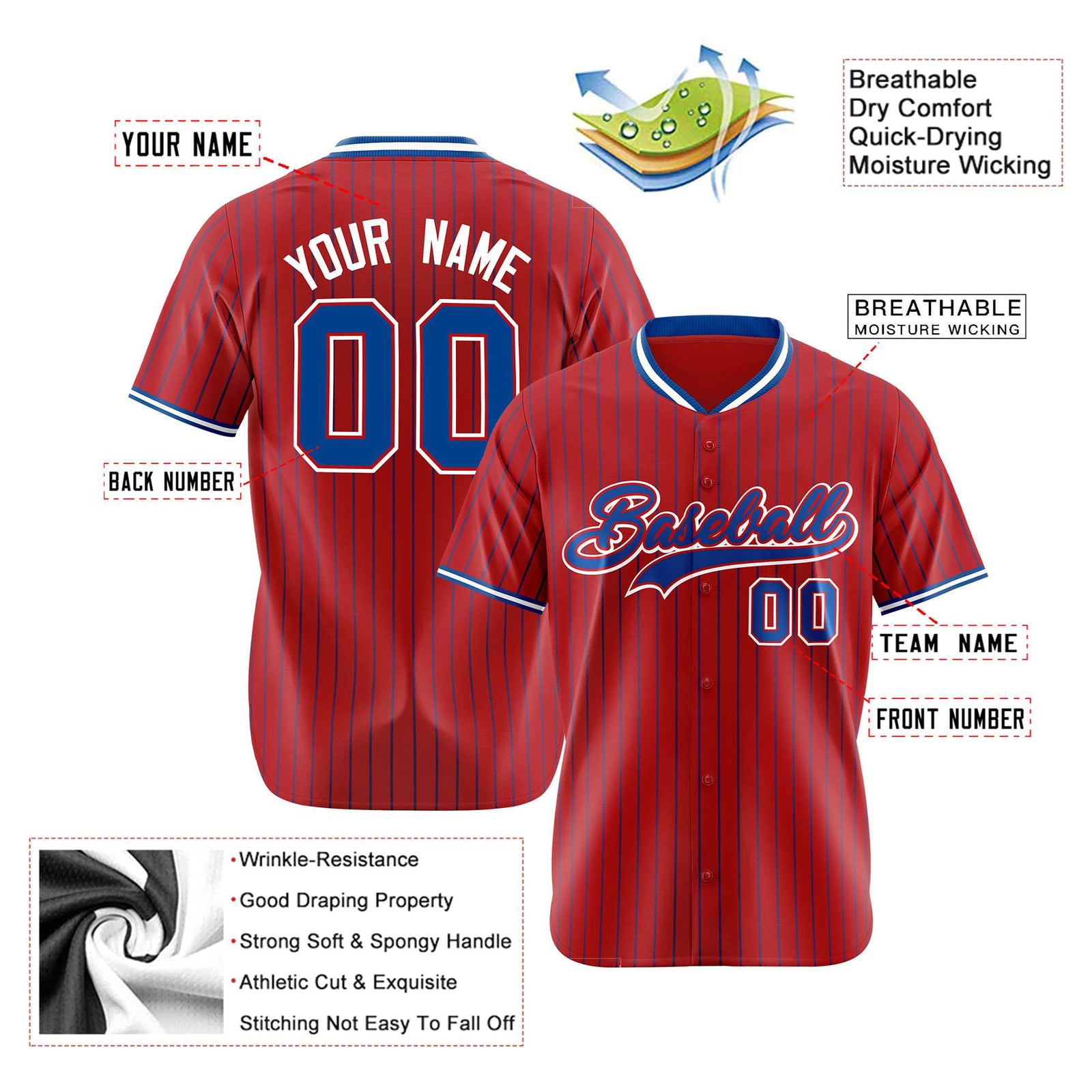Custom Red Blue Pinstripe Blue-White Authentic Baseball Jersey