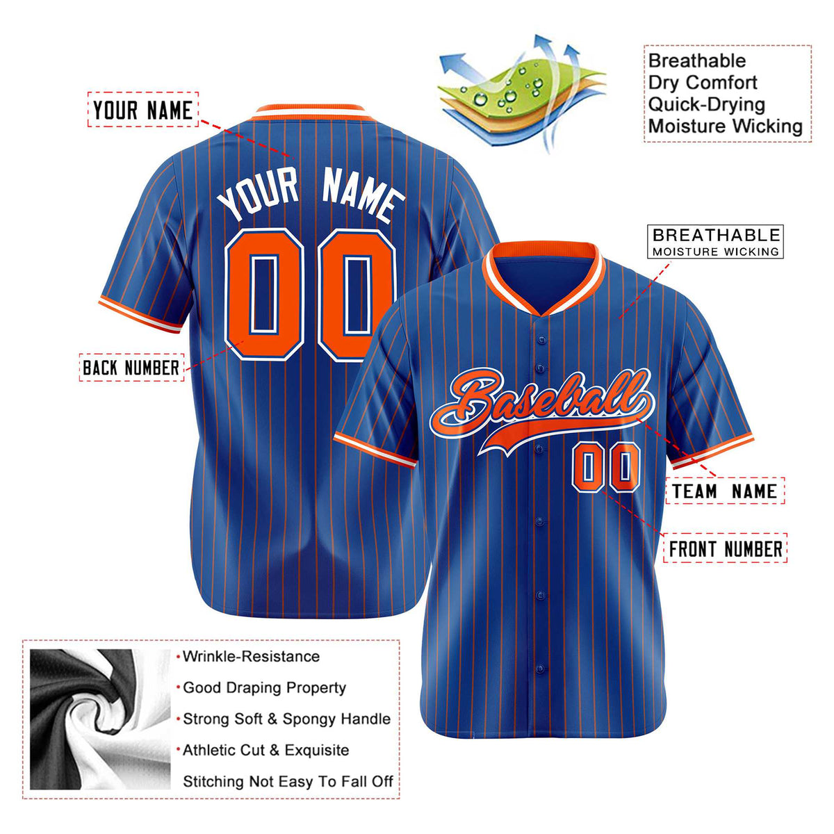 Custom Blue Orange Pinstripe Orange-White Authentic Baseball Jersey