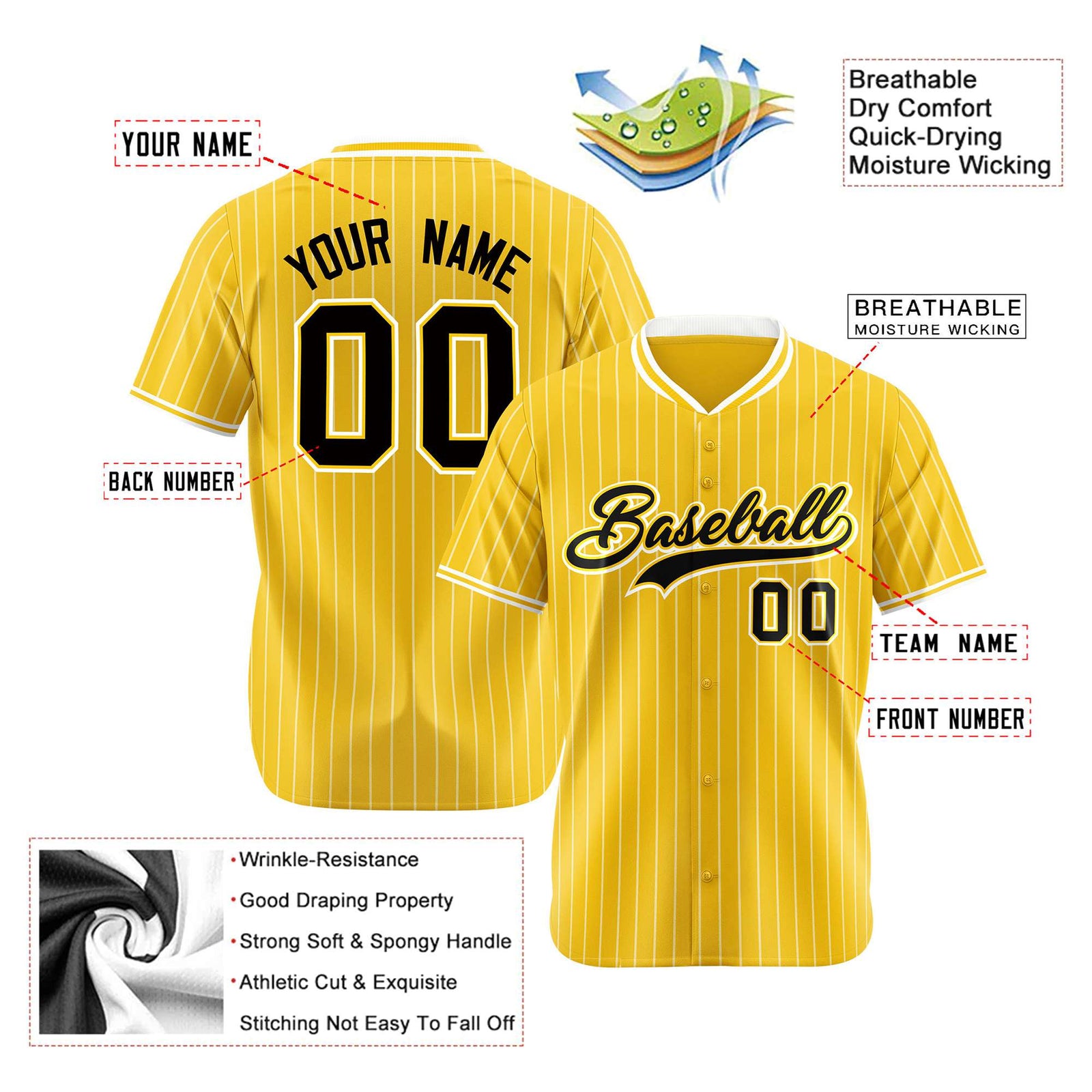 Custom Yellow White Pinstripe Black-White Authentic Baseball Jersey