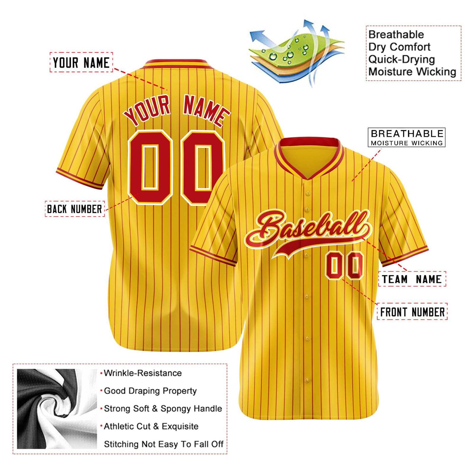 Custom Yellow Red Pinstripe Red-White Authentic Baseball Jersey