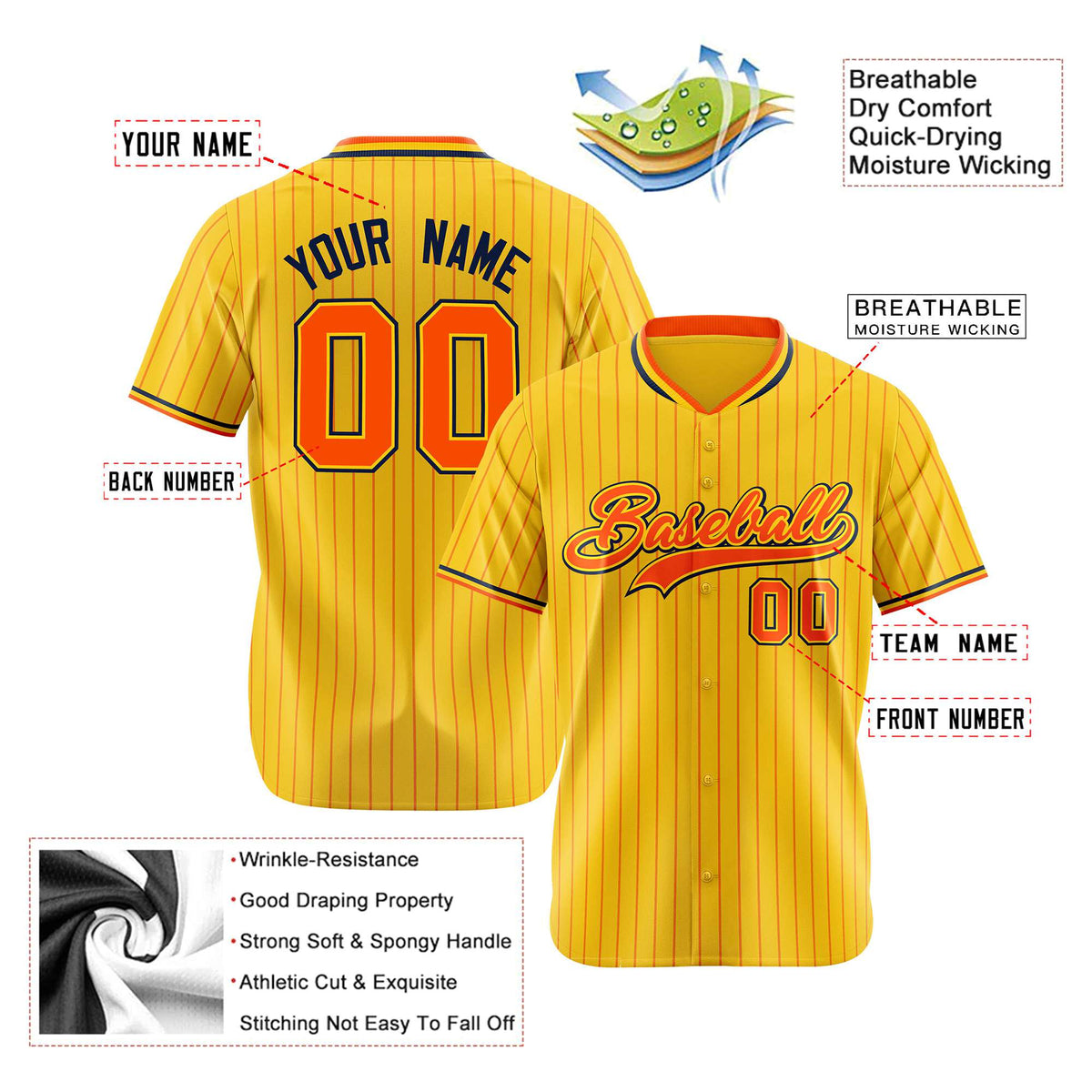 Custom Yellow Orange Pinstripe Orange-Black Authentic Baseball Jersey