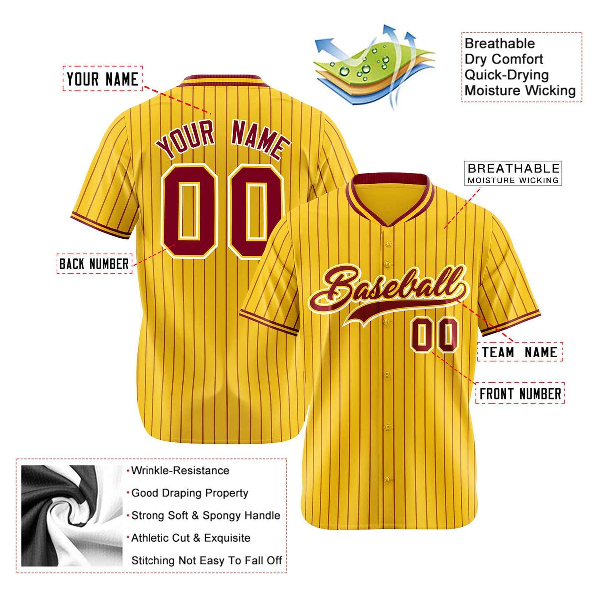 Custom Yellow Burgundy Pinstripe Burgundy-White Authentic Baseball Jersey