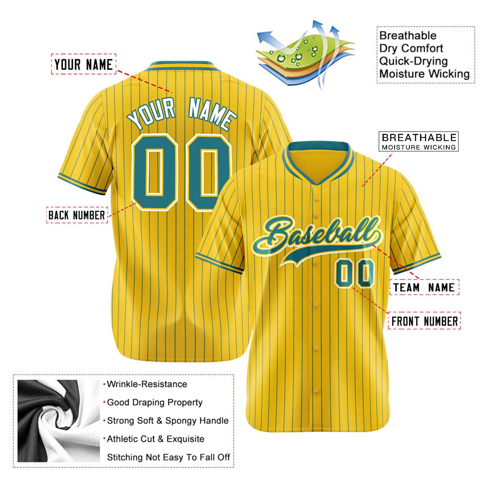 Custom Yellow Aqua Pinstripe Aqua-White Authentic Baseball Jersey
