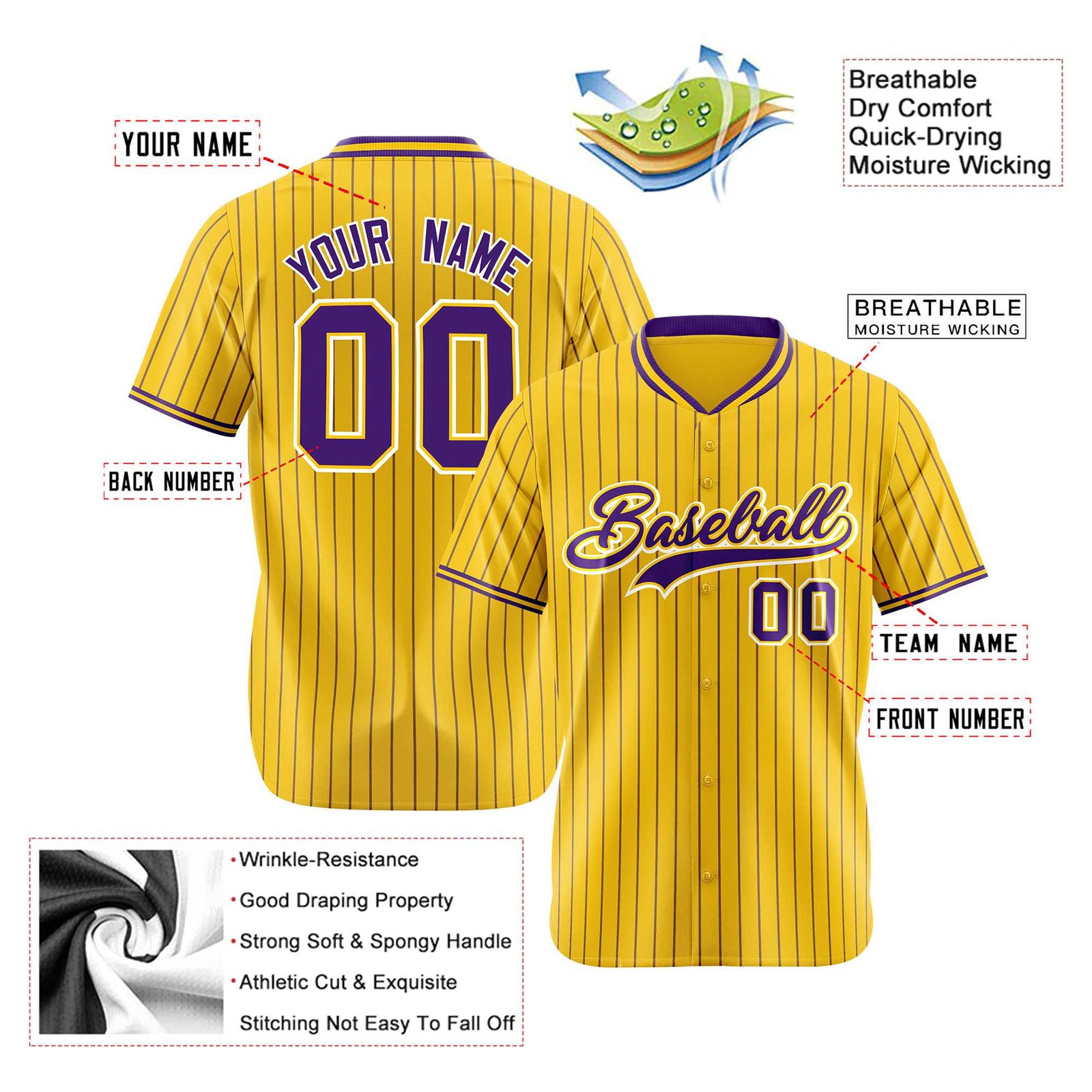 Custom Yellow Purple Pinstripe Purple-White Authentic Baseball Jersey