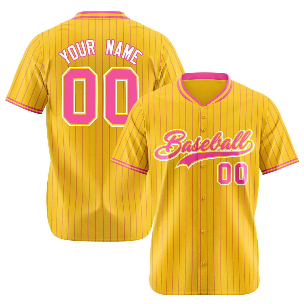Custom Yellow Pink Pinstripe Pink-White Authentic Baseball Jersey