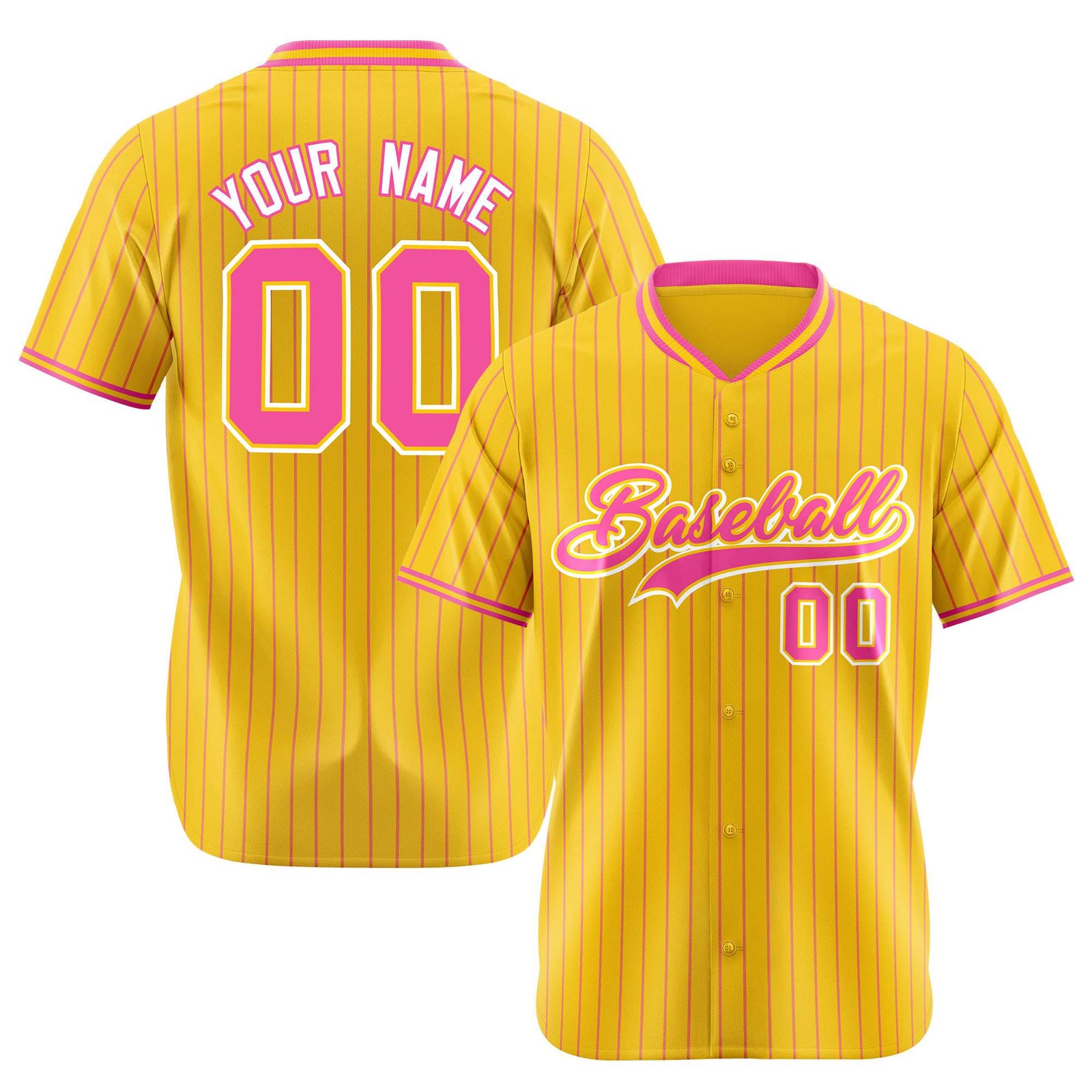 Custom Yellow Pink Pinstripe Pink-White Authentic Baseball Jersey