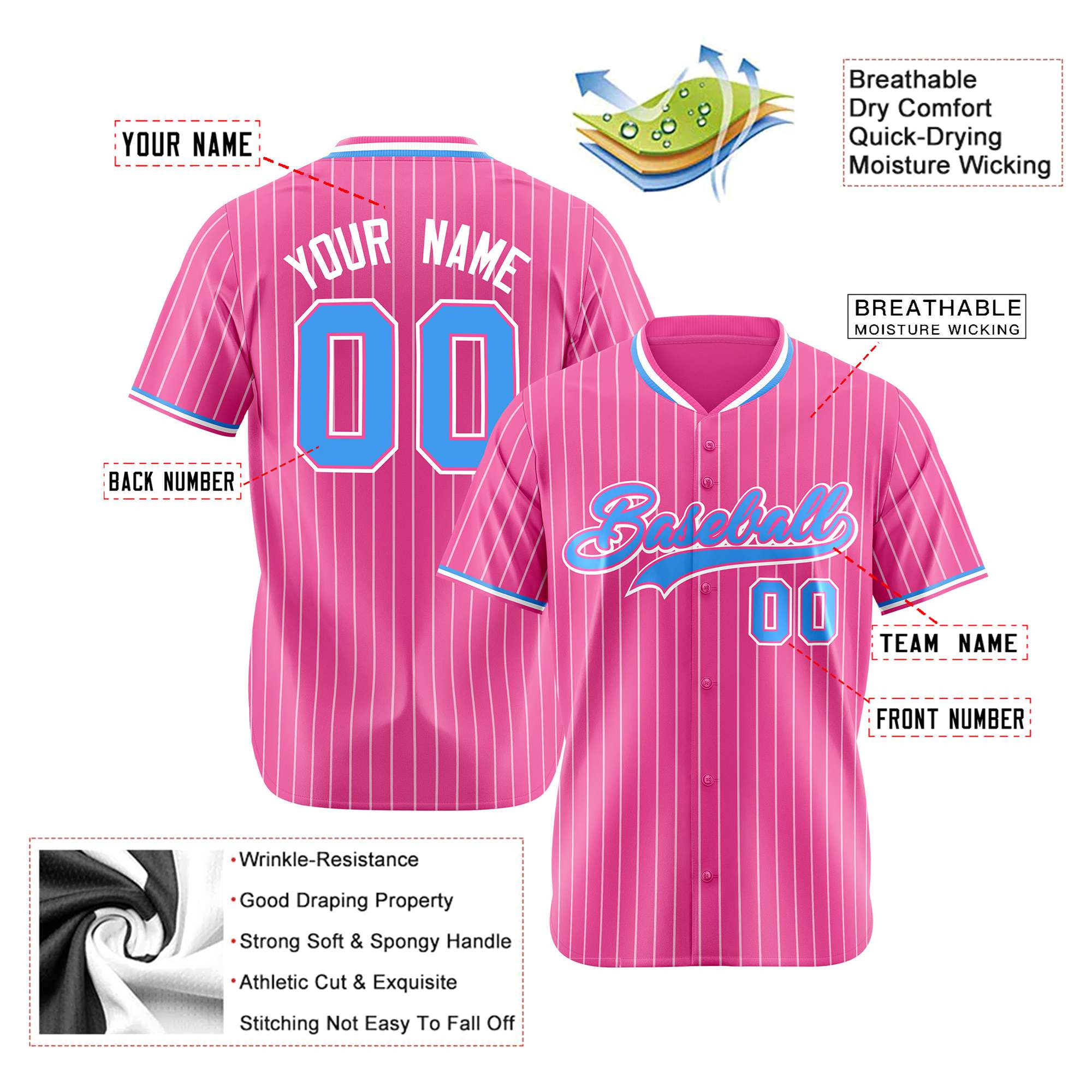 Custom Pink Blue Pinstripe Blue-White Authentic Baseball Jersey