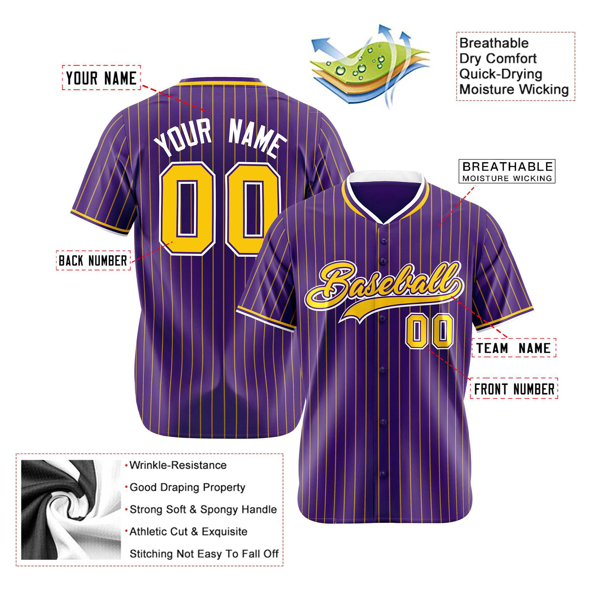 Custom Purple Yellow Pinstripe Yellow-White Authentic Baseball Jersey