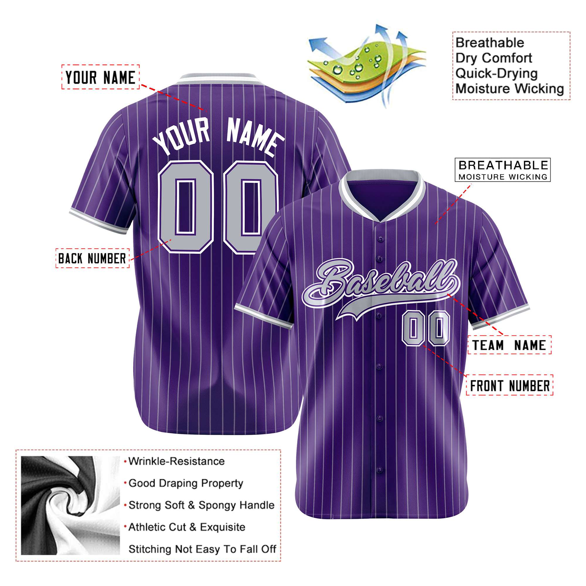 Custom Purple Gray Pinstripe Gray-White Authentic Baseball Jersey