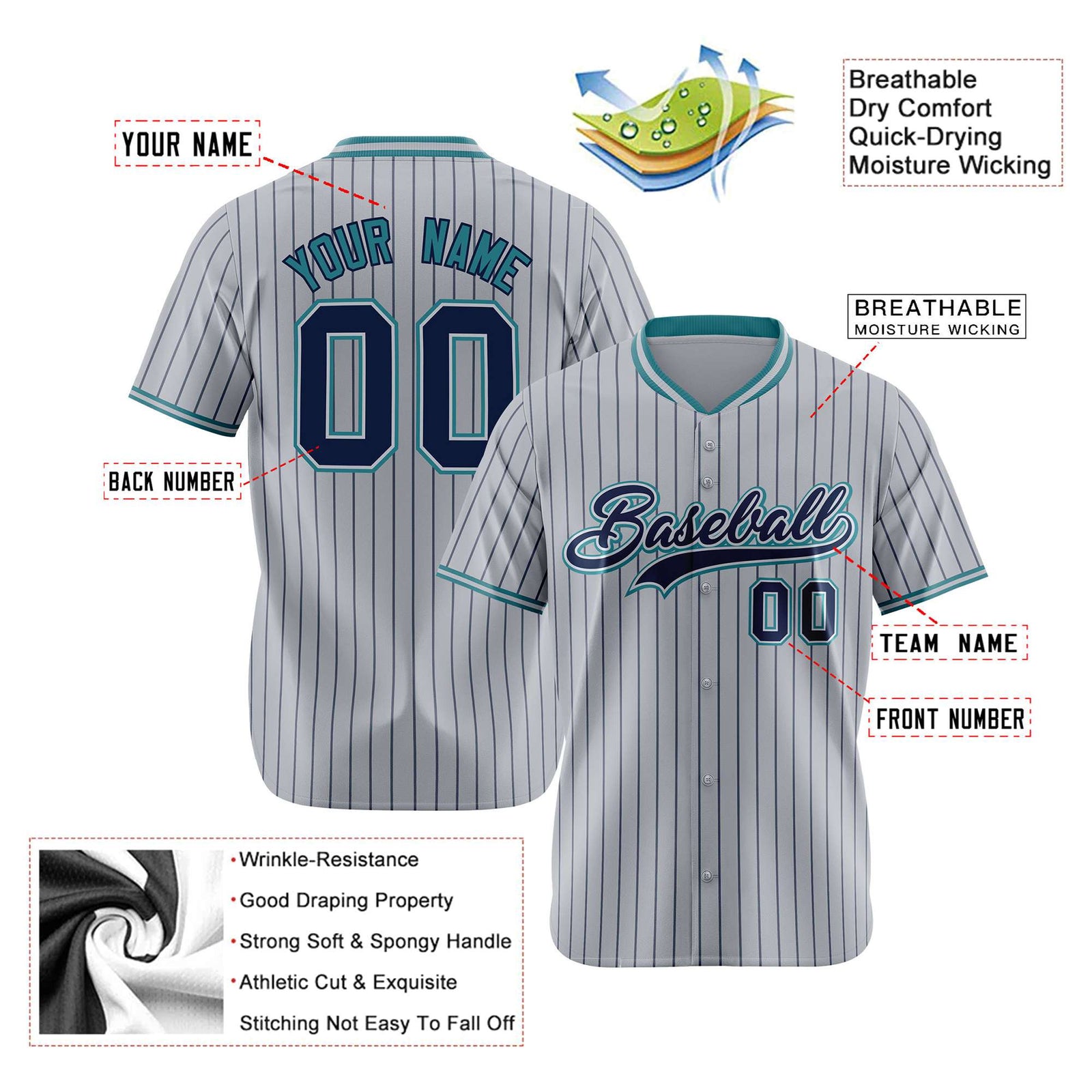 Custom Gray Navy Pinstripe Navy-Aqua Authentic Baseball Jersey