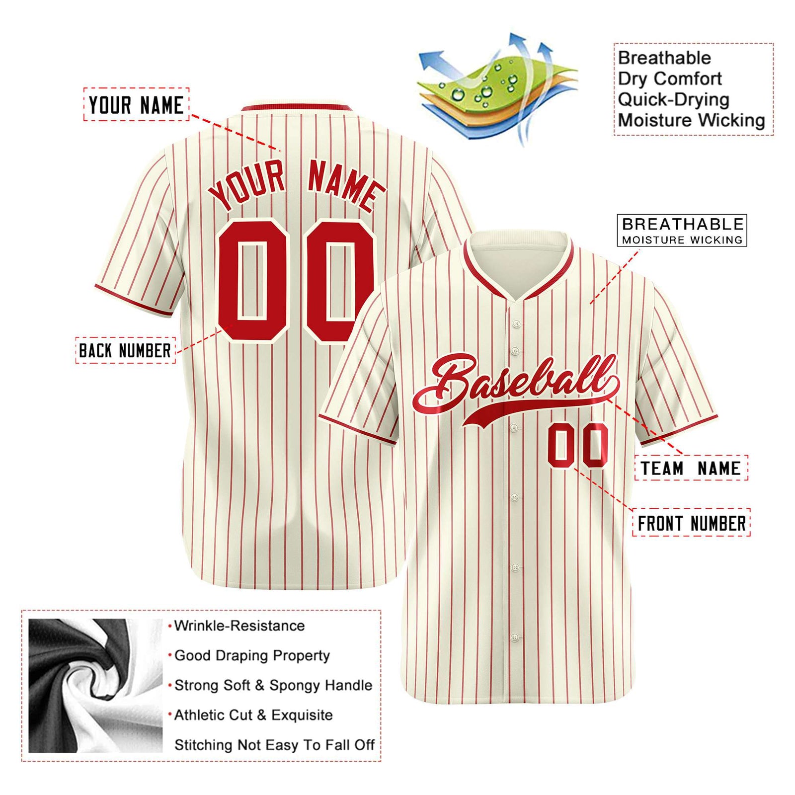 Custom Cream Red Pinstripe Red-White Authentic Baseball Jersey