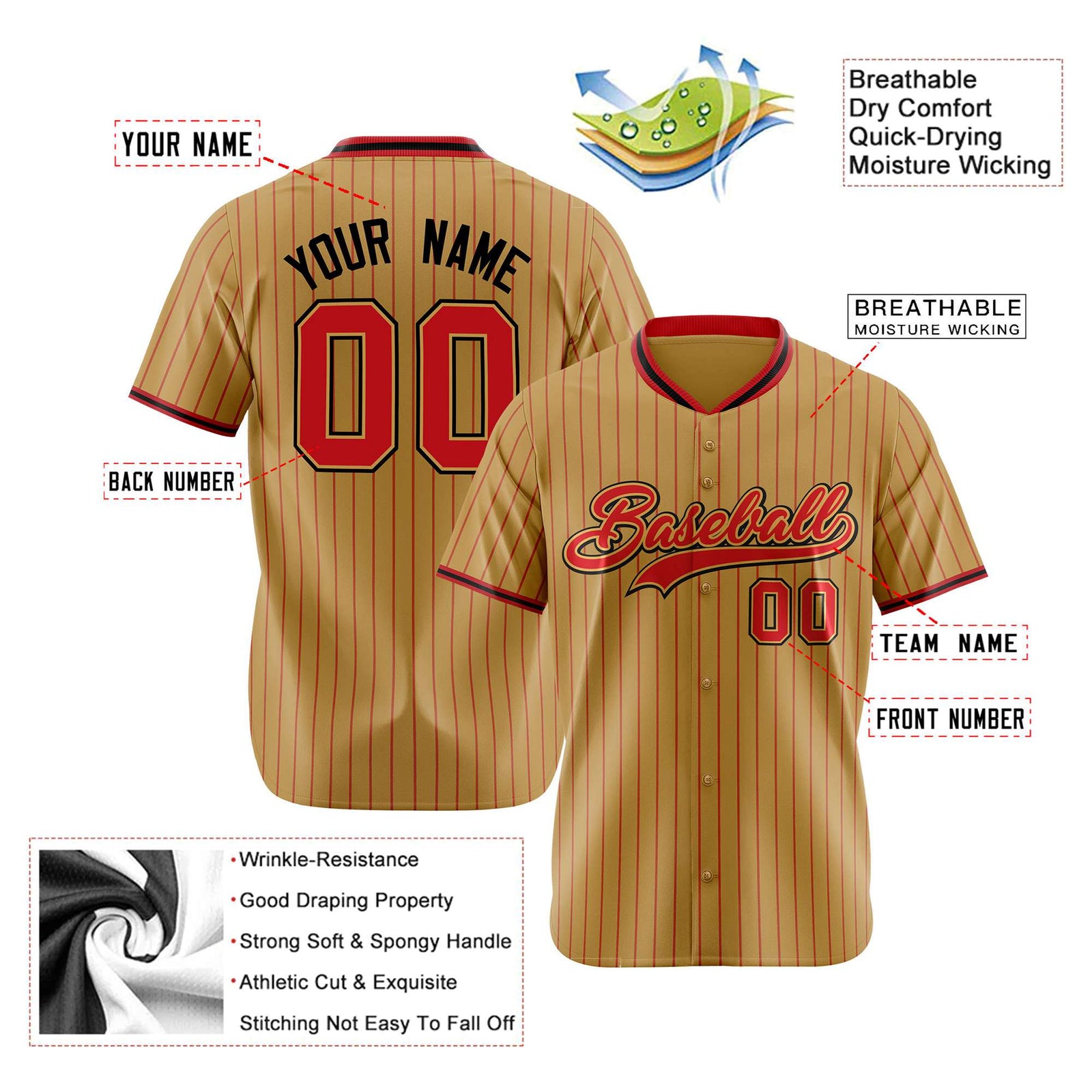 Custom Brwon Red Pinstripe Red-Black Authentic Baseball Jersey