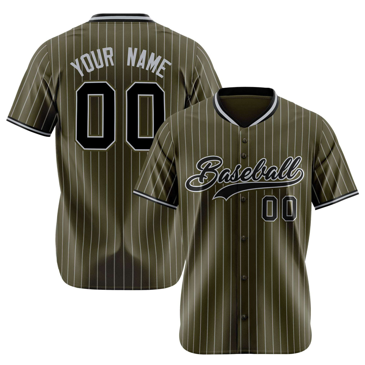 Custom Olive Black Pinstripe Black-Gray Authentic Baseball Jersey