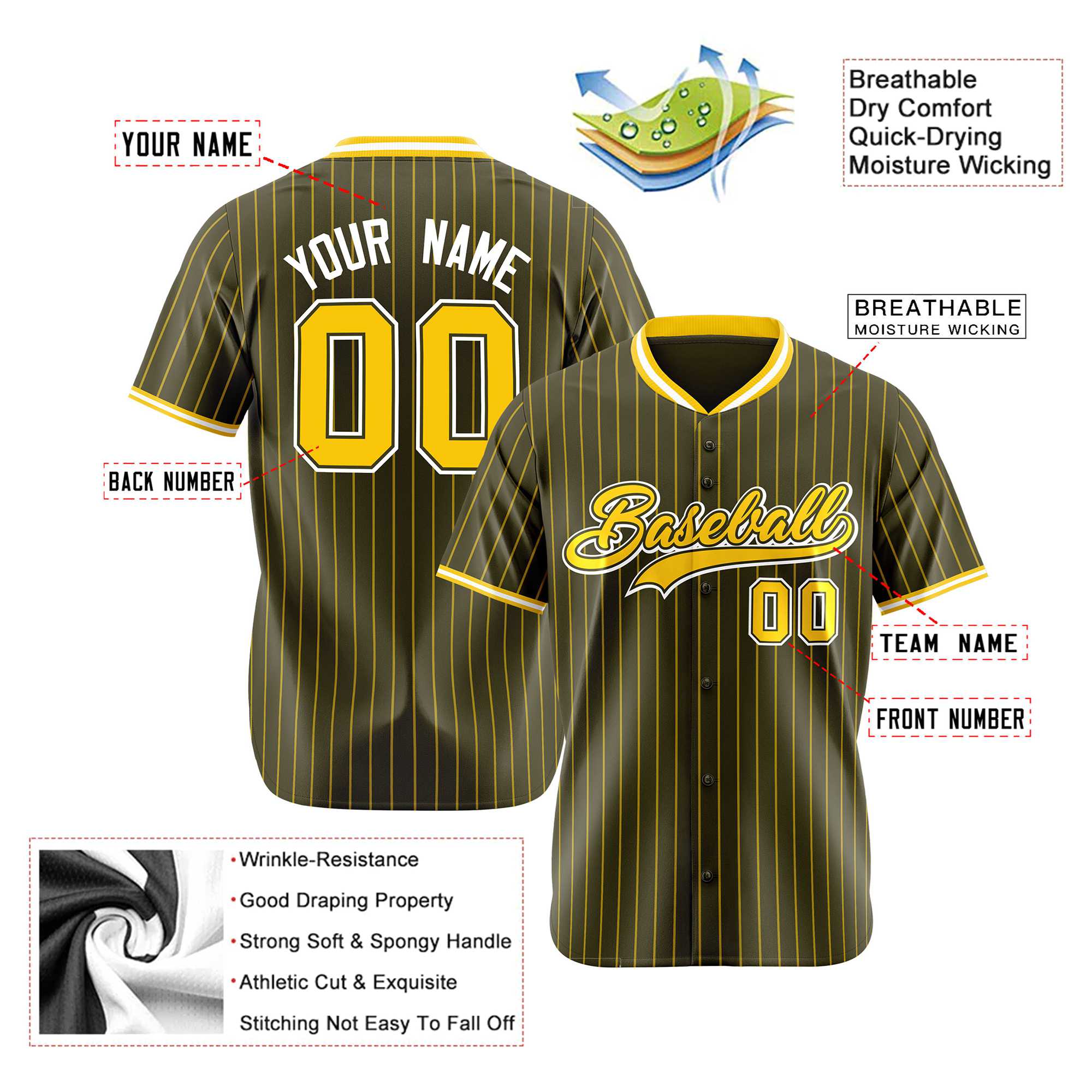 Custom Olive Yellow Pinstripe Yellow-White Authentic Baseball Jersey