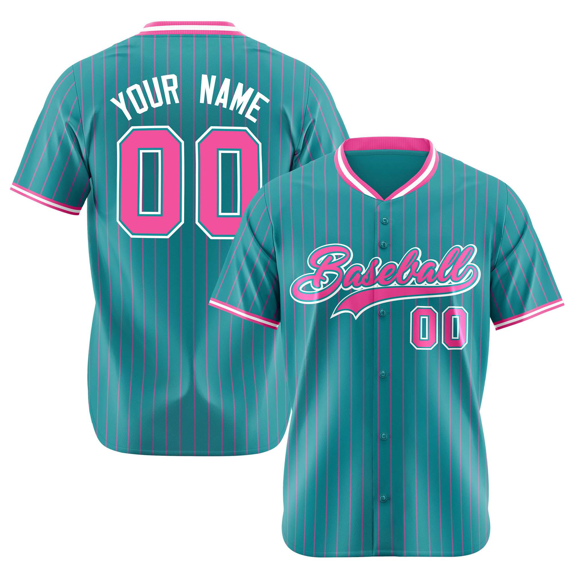 Custom Aqua Pink Pinstripe Pink-White Authentic Baseball Jersey