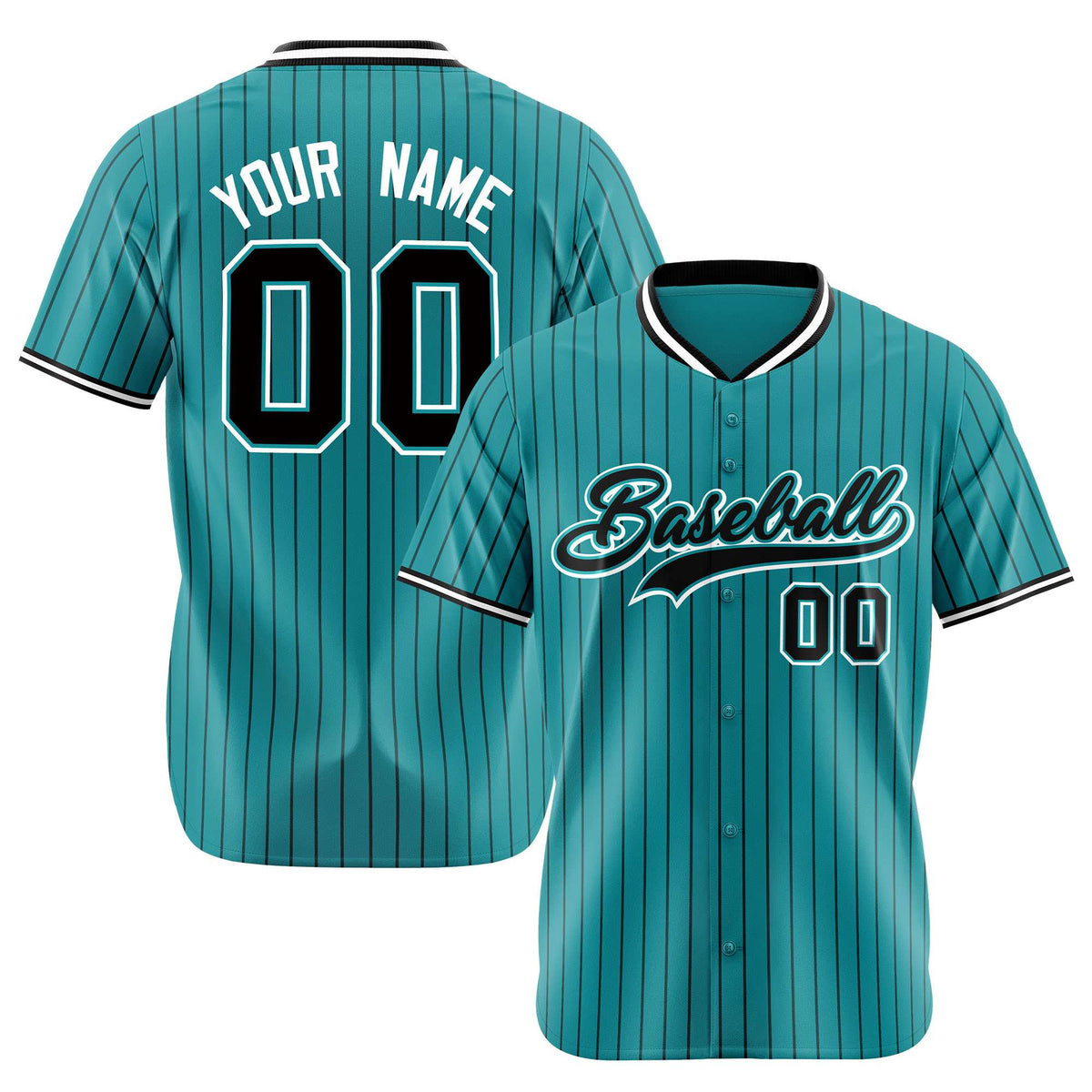 Custom Aqua Black Pinstripe Black-White Authentic Baseball Jersey