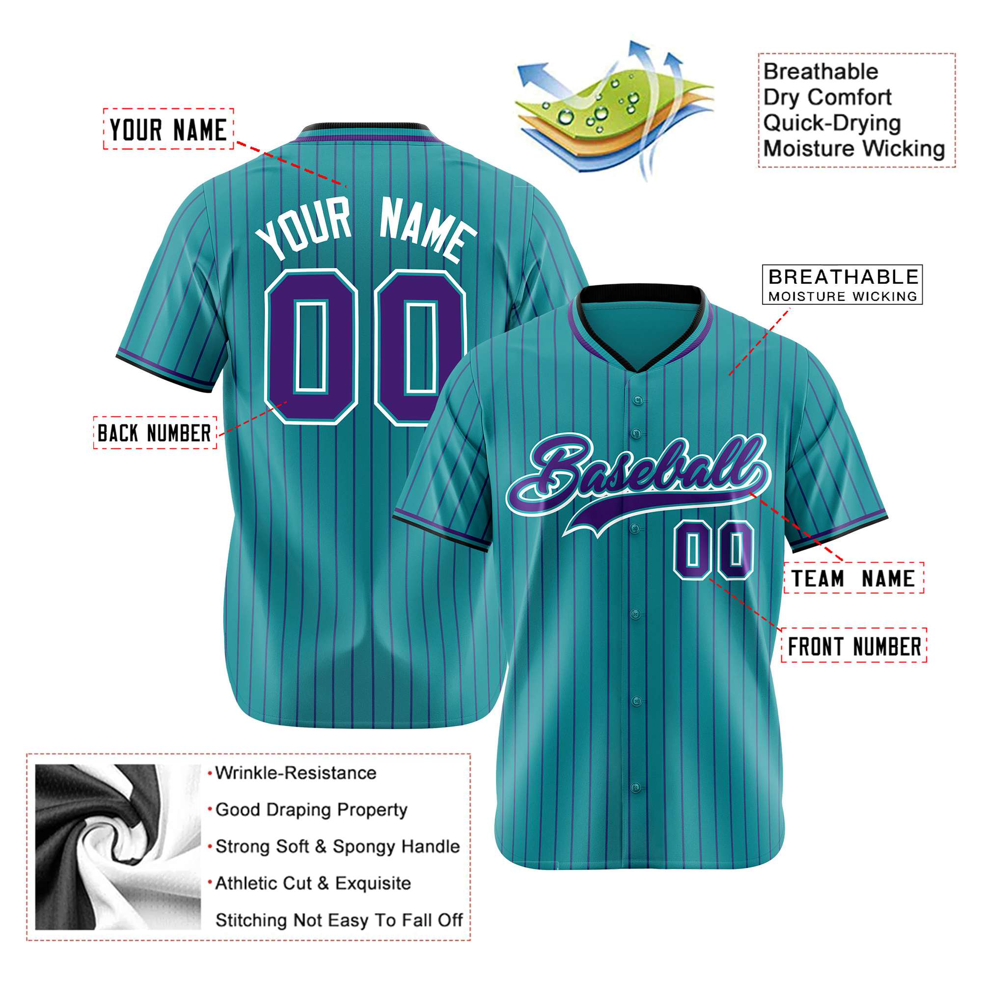 Custom Aqua Purple Pinstripe Purple-White Authentic Baseball Jersey