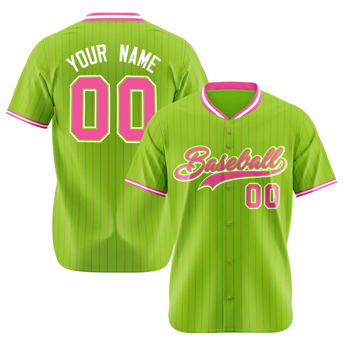 Custom Neon Green Pink Pinstripe Pink-White Authentic Baseball Jersey