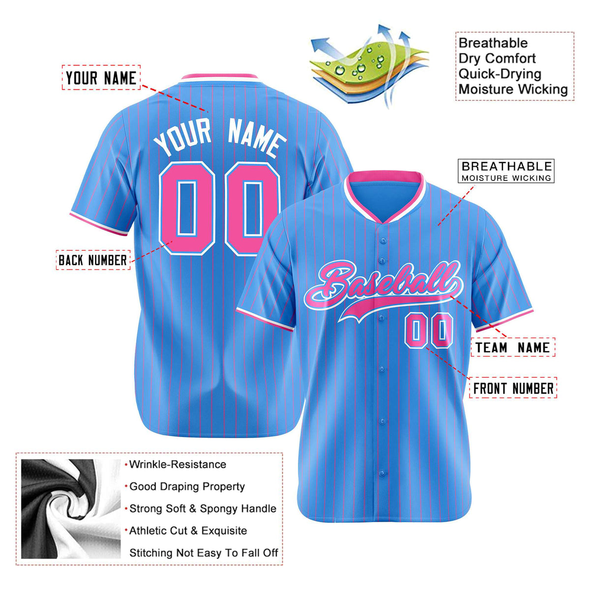 Custom Sky Blue Pink Pinstripe Pink-White Authentic Baseball Jersey