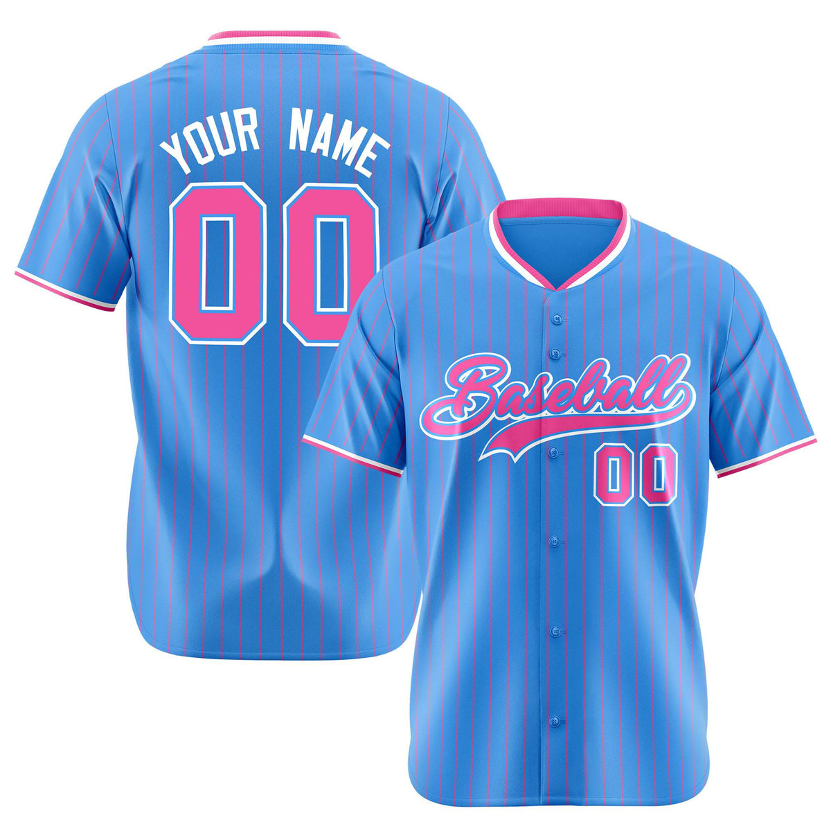 Custom Sky Blue Pink Pinstripe Pink-White Authentic Baseball Jersey