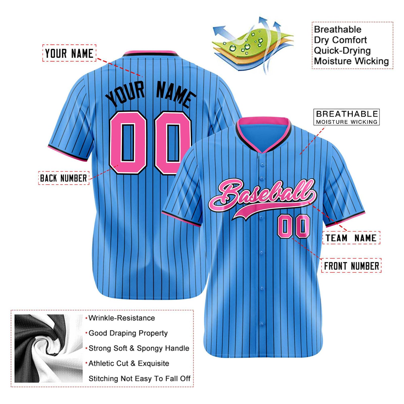 Custom Sky Blue Black Pinstripe Pink-White Authentic Baseball Jersey