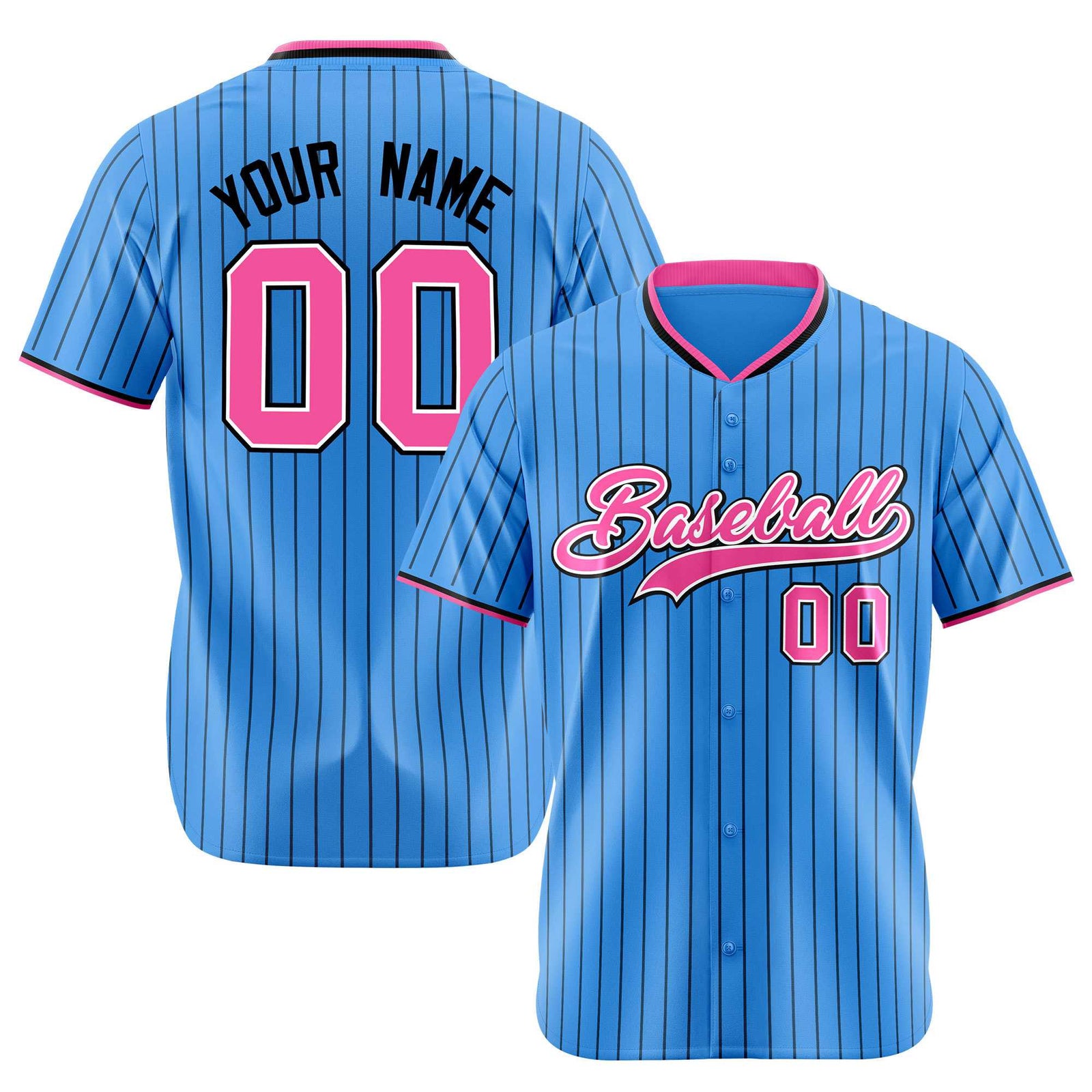 Custom Sky Blue Black Pinstripe Pink-White Authentic Baseball Jersey