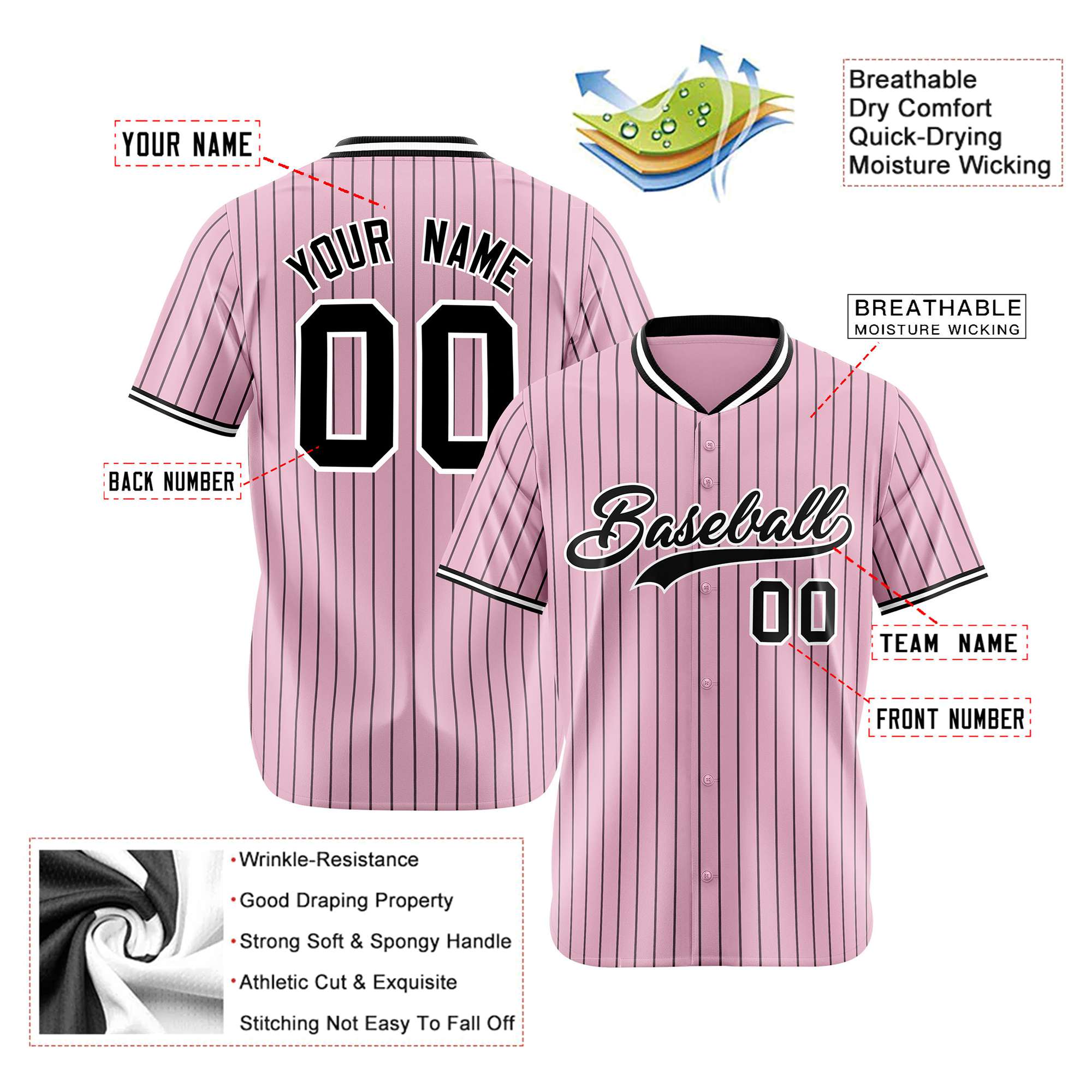 Custom Pink Black Pinstripe Black-White Authentic Baseball Jersey