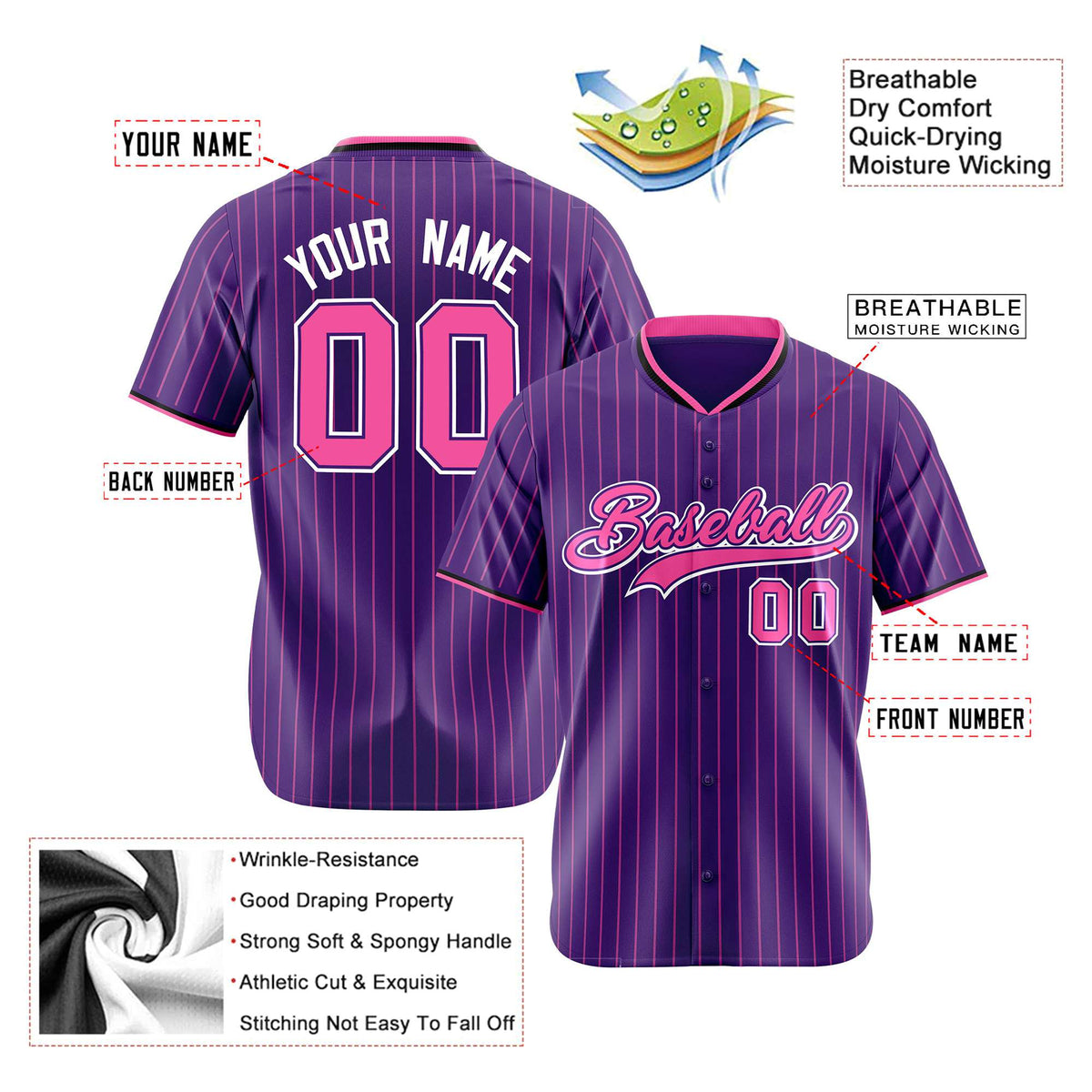 Custom Purple Pink Pinstripe Pink-White Authentic Baseball Jersey