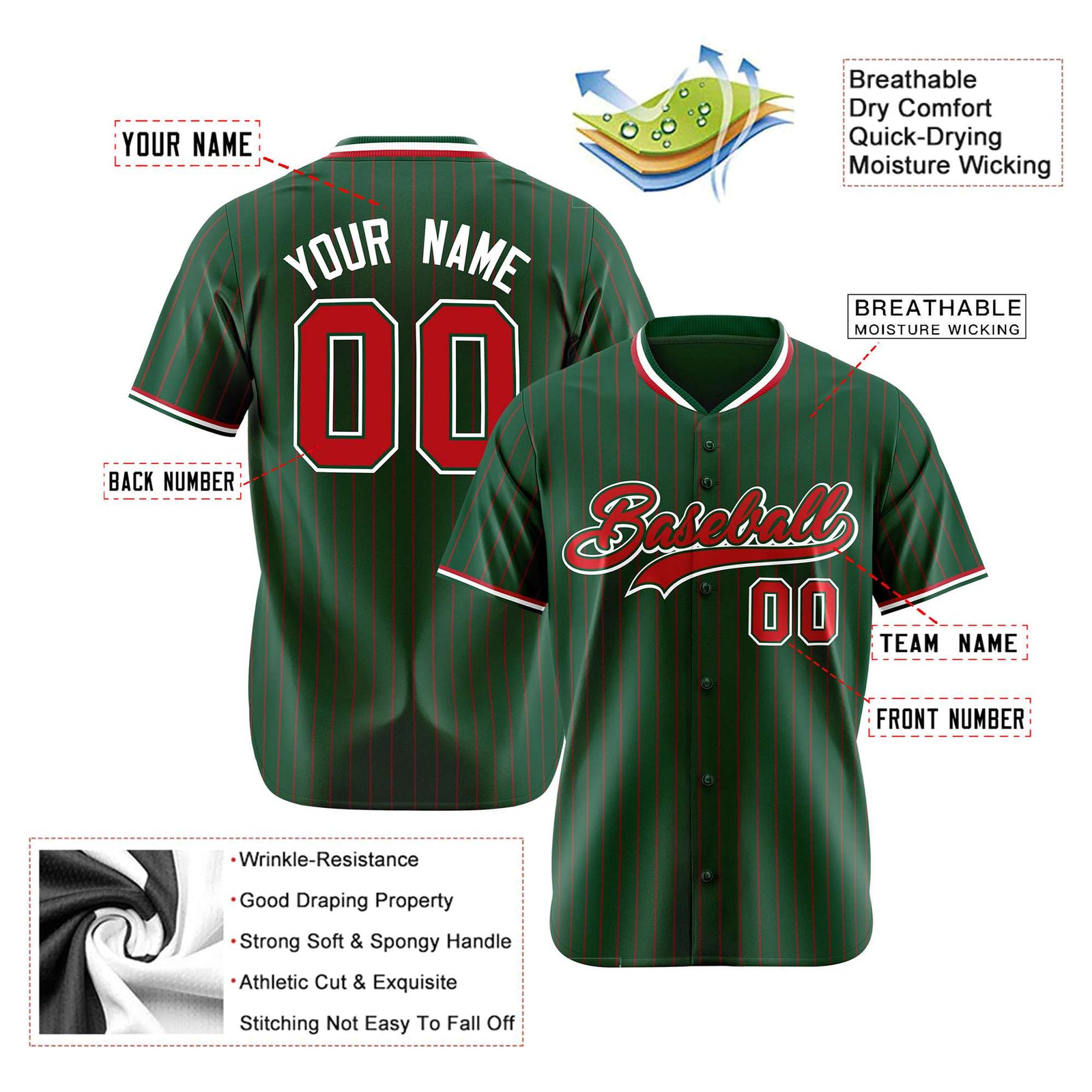 Custom Midnight Green Red Pinstripe Red-White Authentic Baseball Jersey